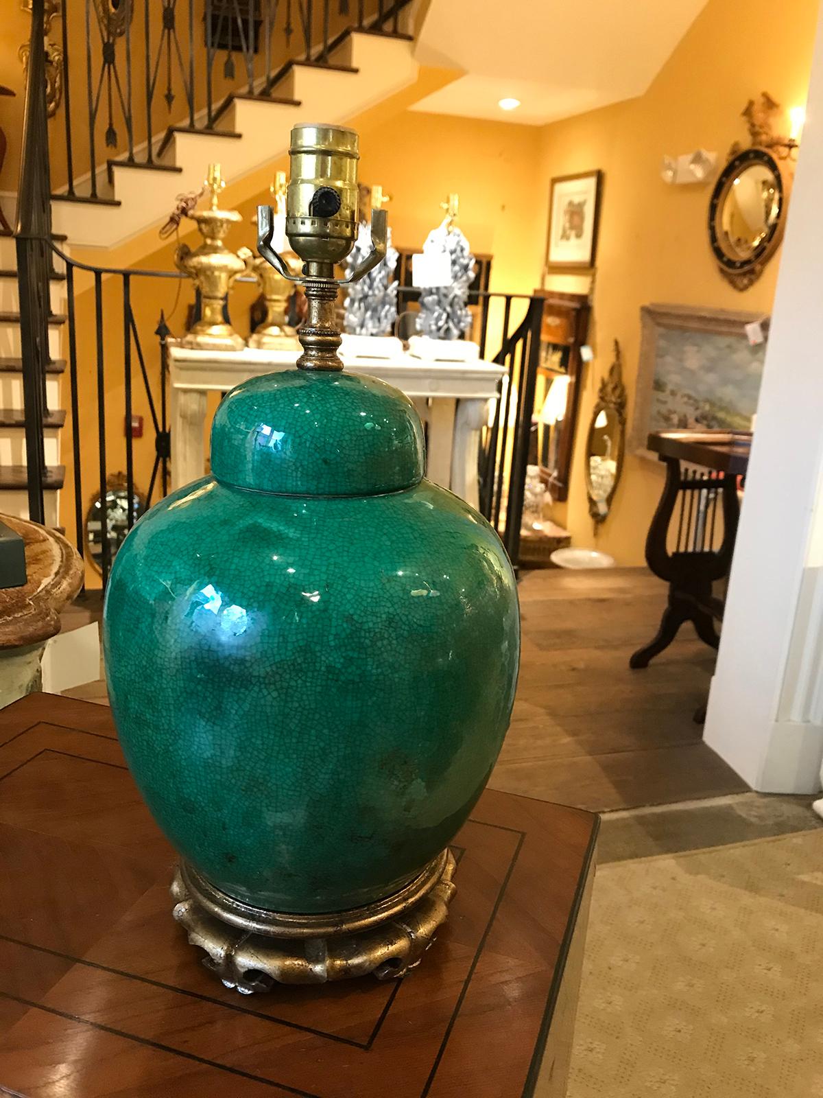 19th century Chinese green crackle vase as lamp
new wiring.