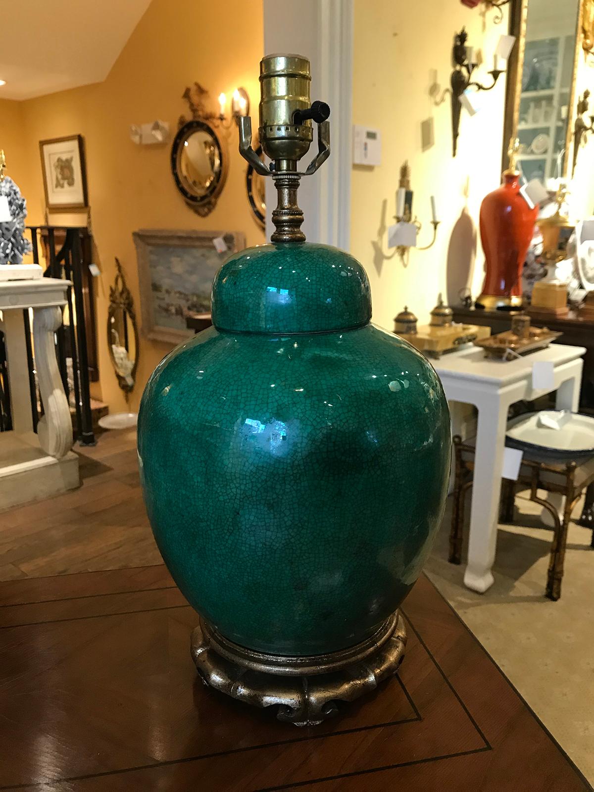 19th Century Chinese Green Crackle Vase as Lamp In Good Condition For Sale In Atlanta, GA