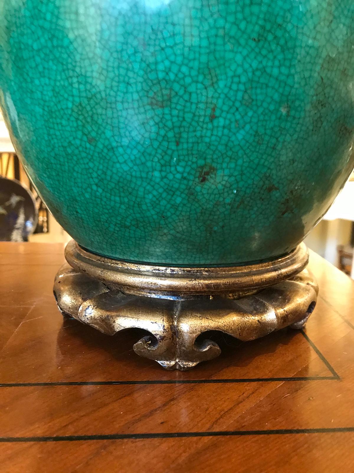 Pottery 19th Century Chinese Green Crackle Vase as Lamp For Sale