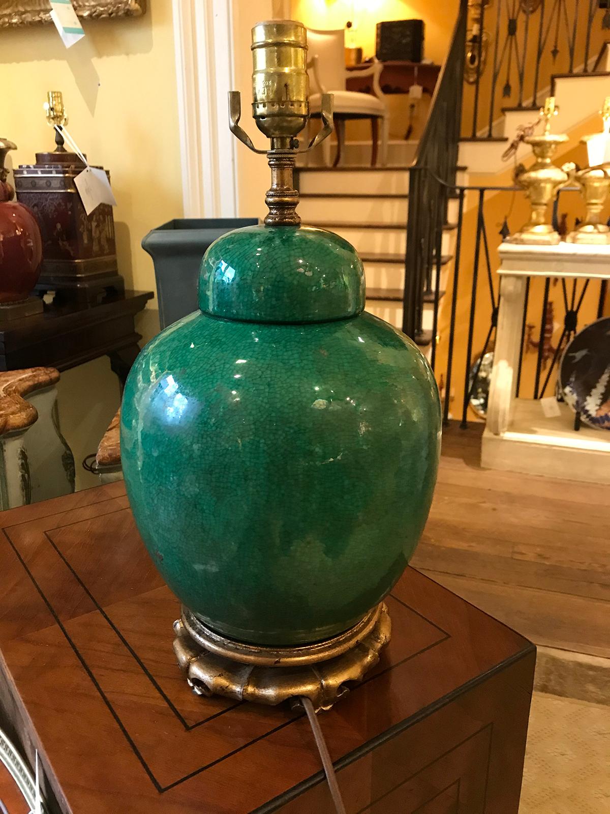 19th Century Chinese Green Crackle Vase as Lamp For Sale 4