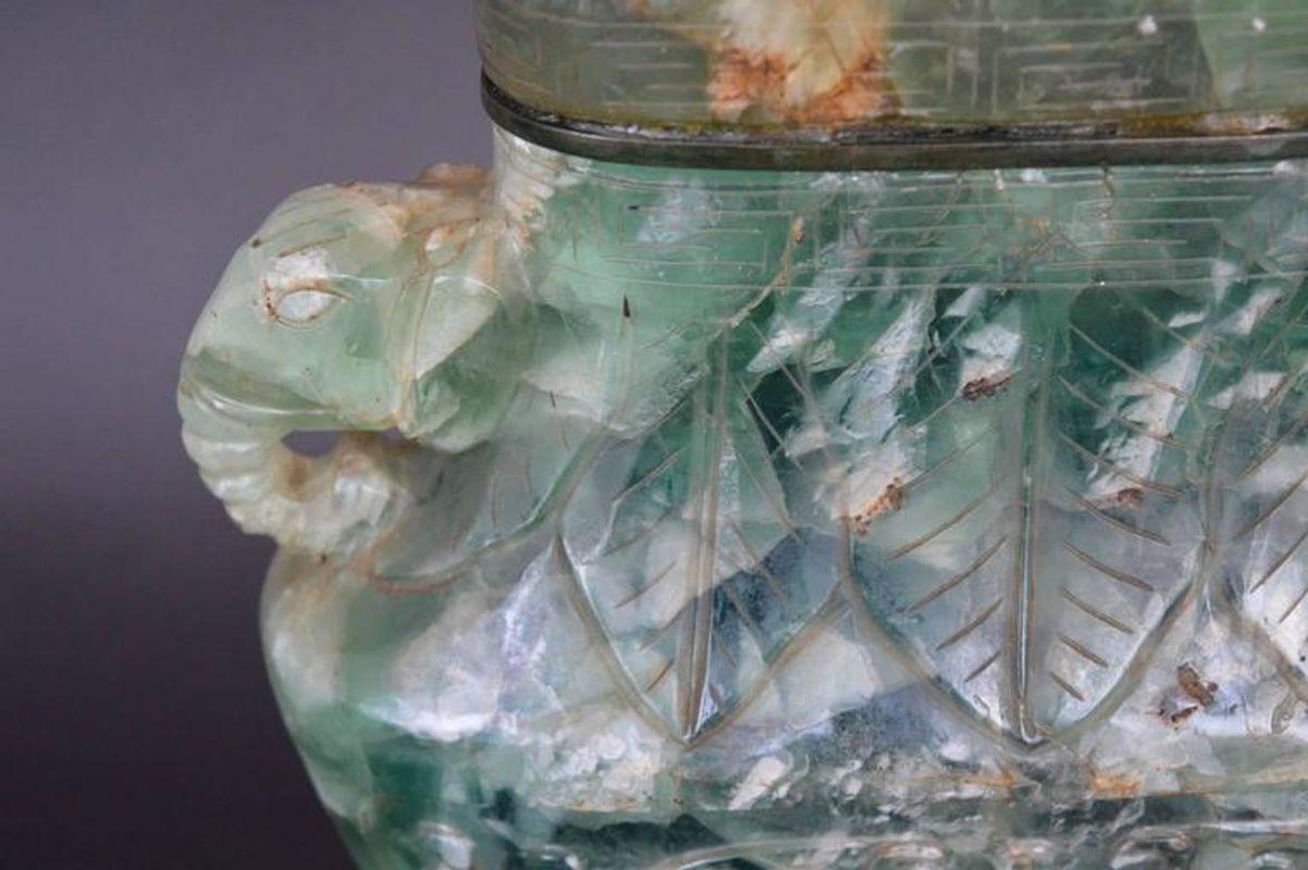 Chinese Green Carved Fluorite Vase, c. 1910's In Good Condition For Sale In Los Angeles, CA