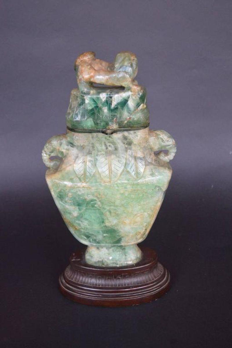 Early 20th Century Chinese Green Carved Fluorite Vase, c. 1910's For Sale