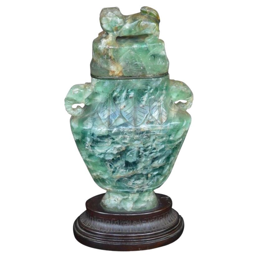 Chinese Green Carved Fluorite Vase, c. 1910's For Sale