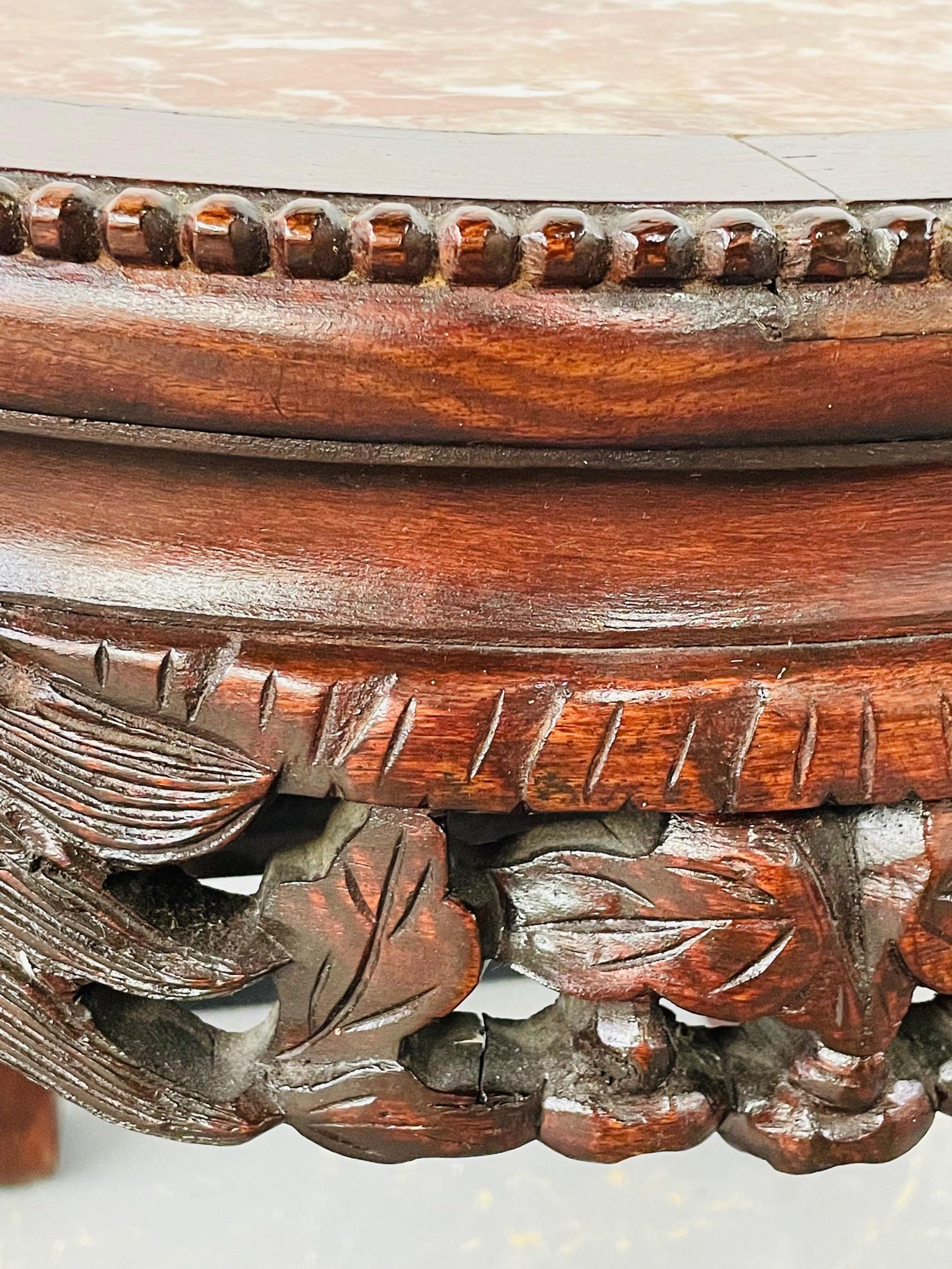 19th Century Chinese Hand Carved Hardwood Round Pink Marble Top End Table 6