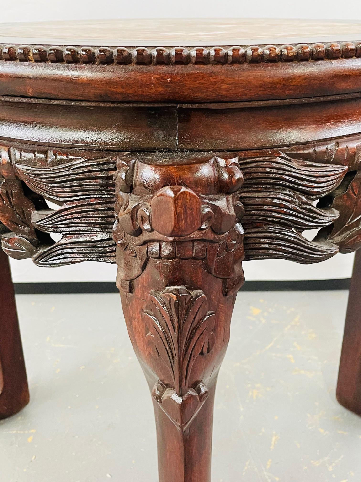 19th Century Chinese Hand Carved Hardwood Round Pink Marble Top End Table 7