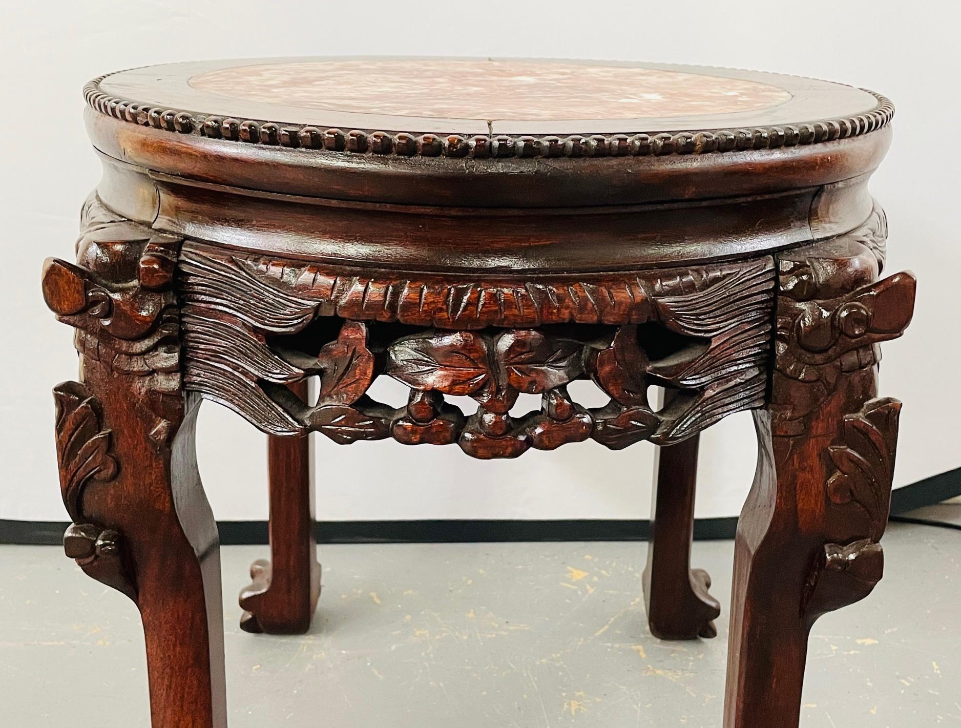 19th Century Chinese Hand Carved Hardwood Round Pink Marble Top End Table 9