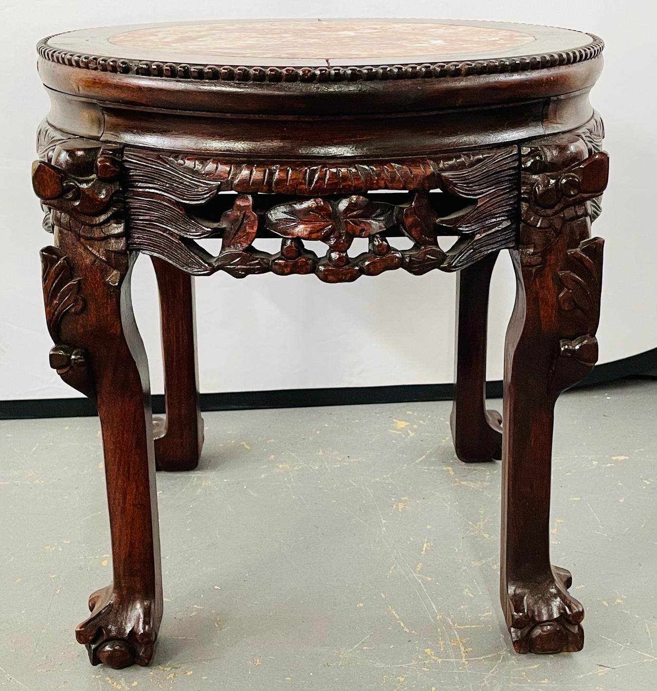 19th Century Chinese Hand Carved Hardwood Round Pink Marble Top End Table 10