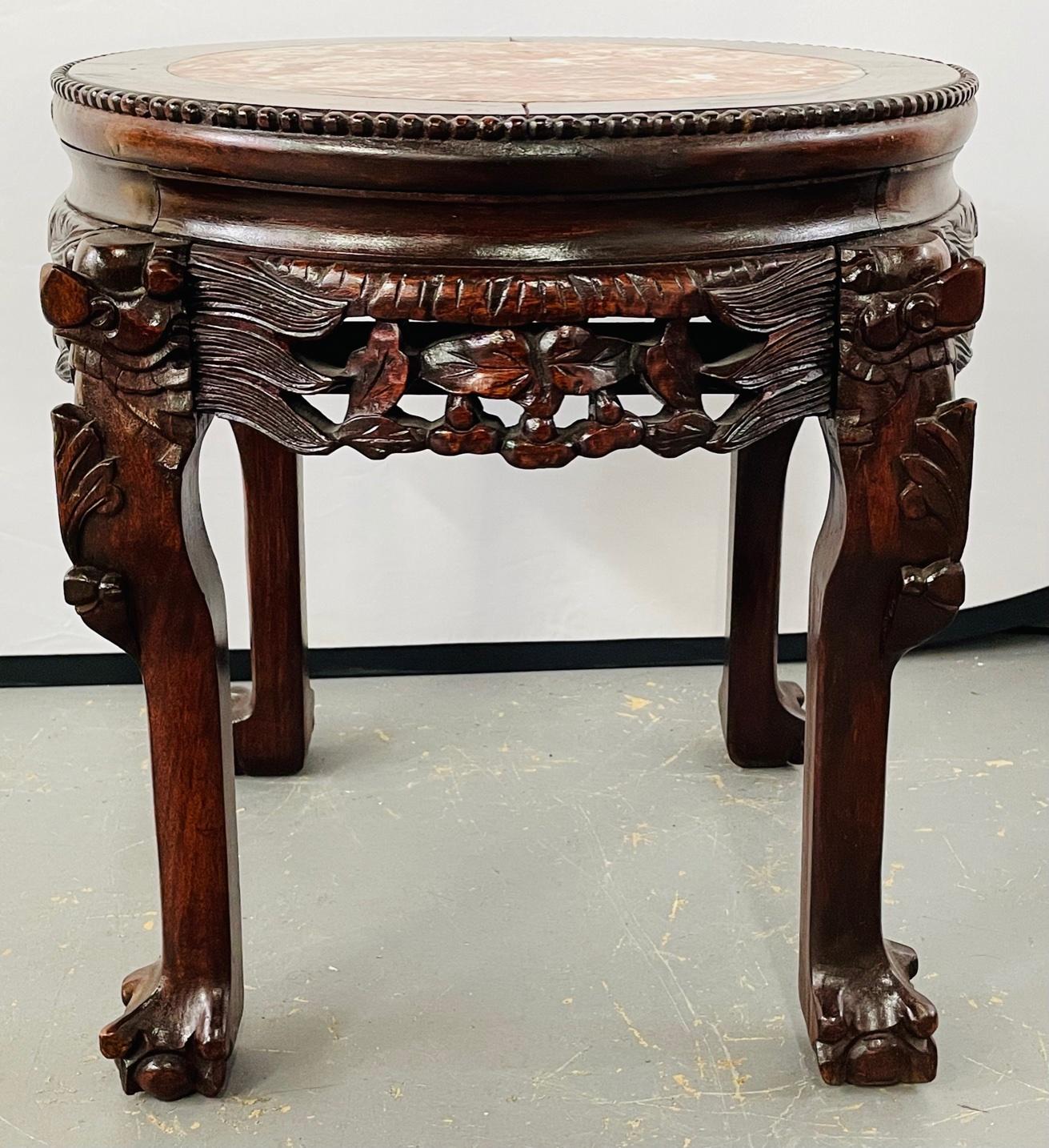 19th Century Chinese Hand Carved Hardwood Round Pink Marble Top End Table 11
