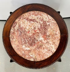 19th Century Chinese Hand Carved Hardwood Round Pink Marble Top End Table