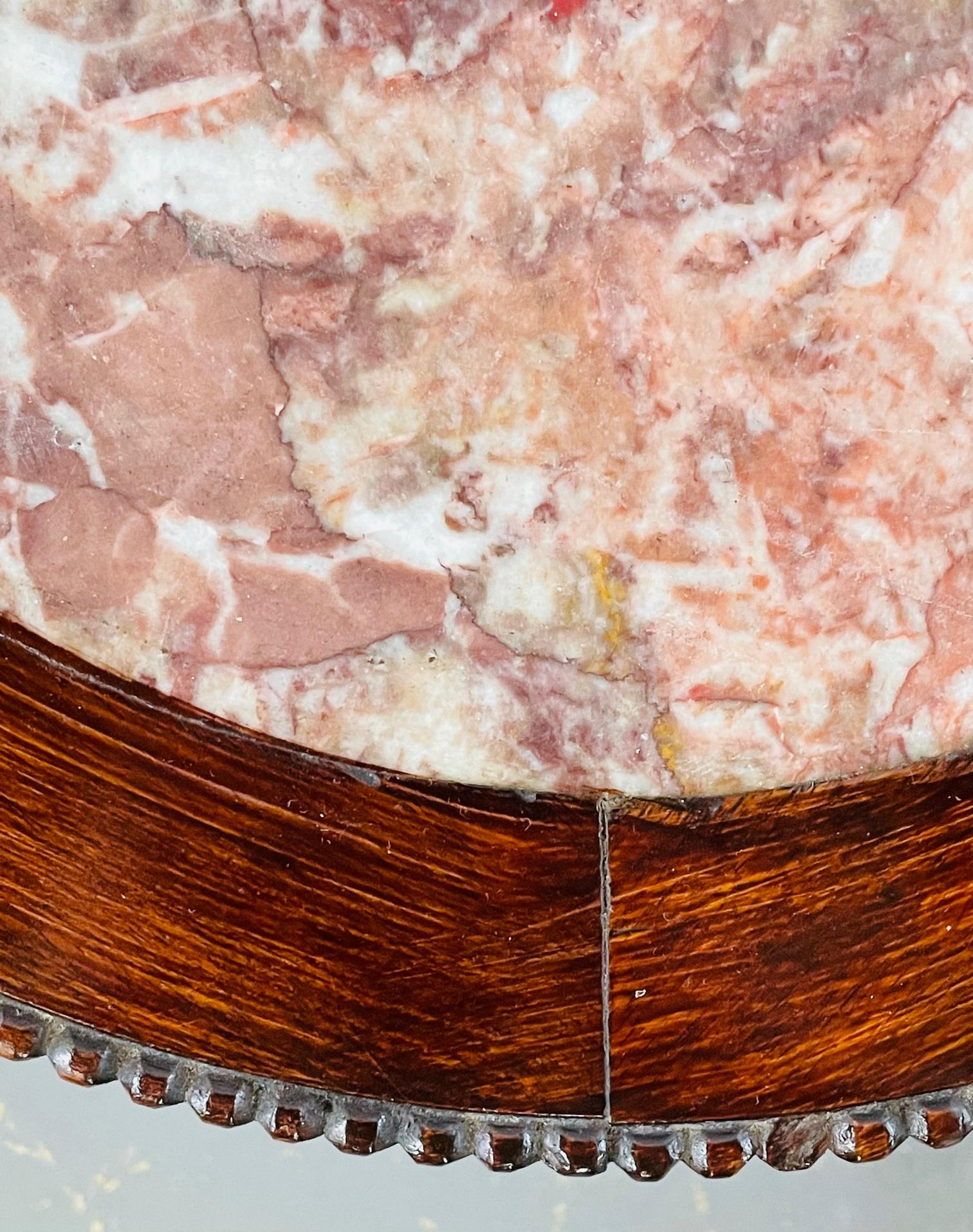19th Century Chinese Hand Carved Hardwood Round Pink Marble Top End Table In Good Condition In Plainview, NY