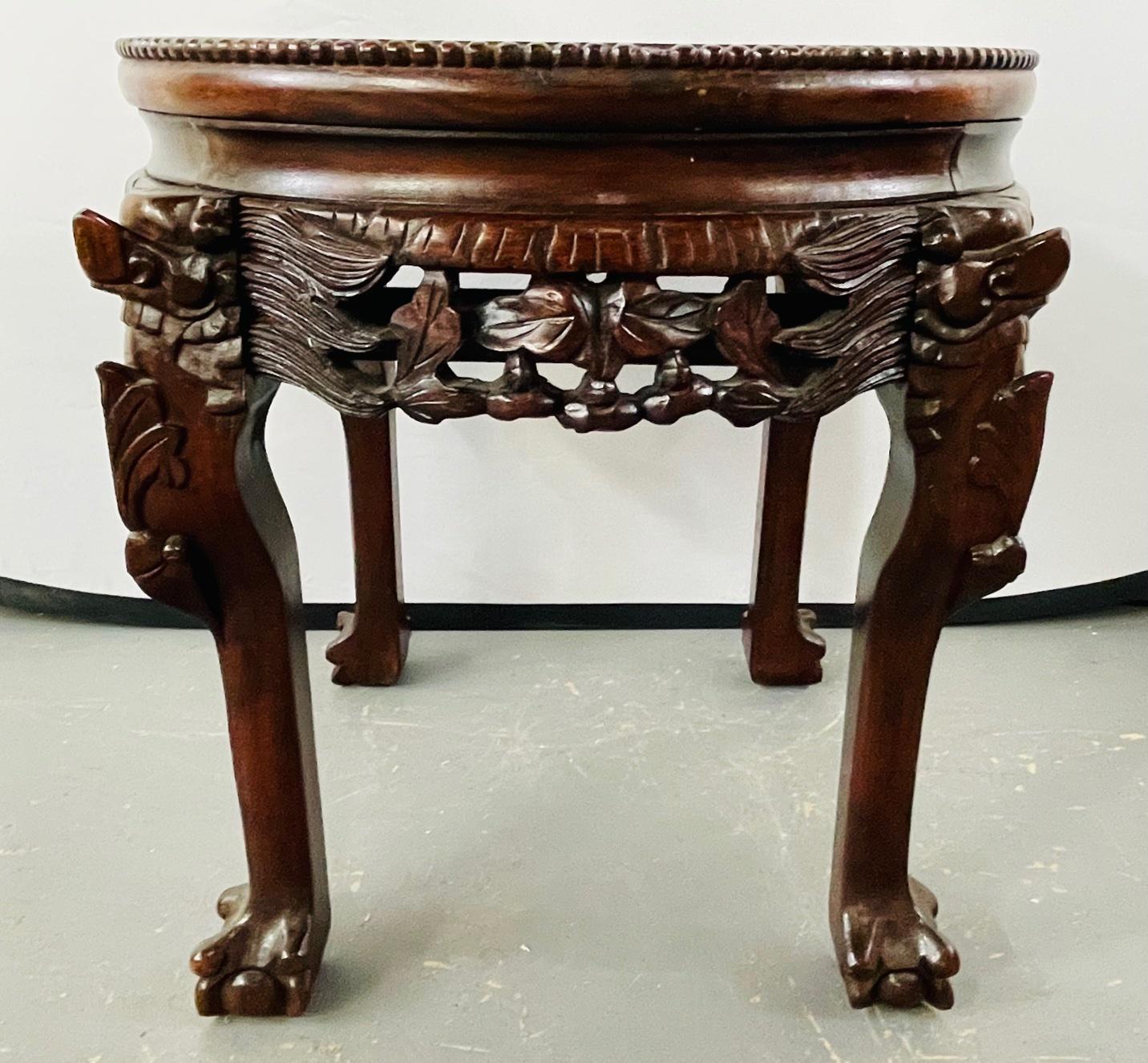 19th Century Chinese Hand Carved Hardwood Round Pink Marble Top End Table 2