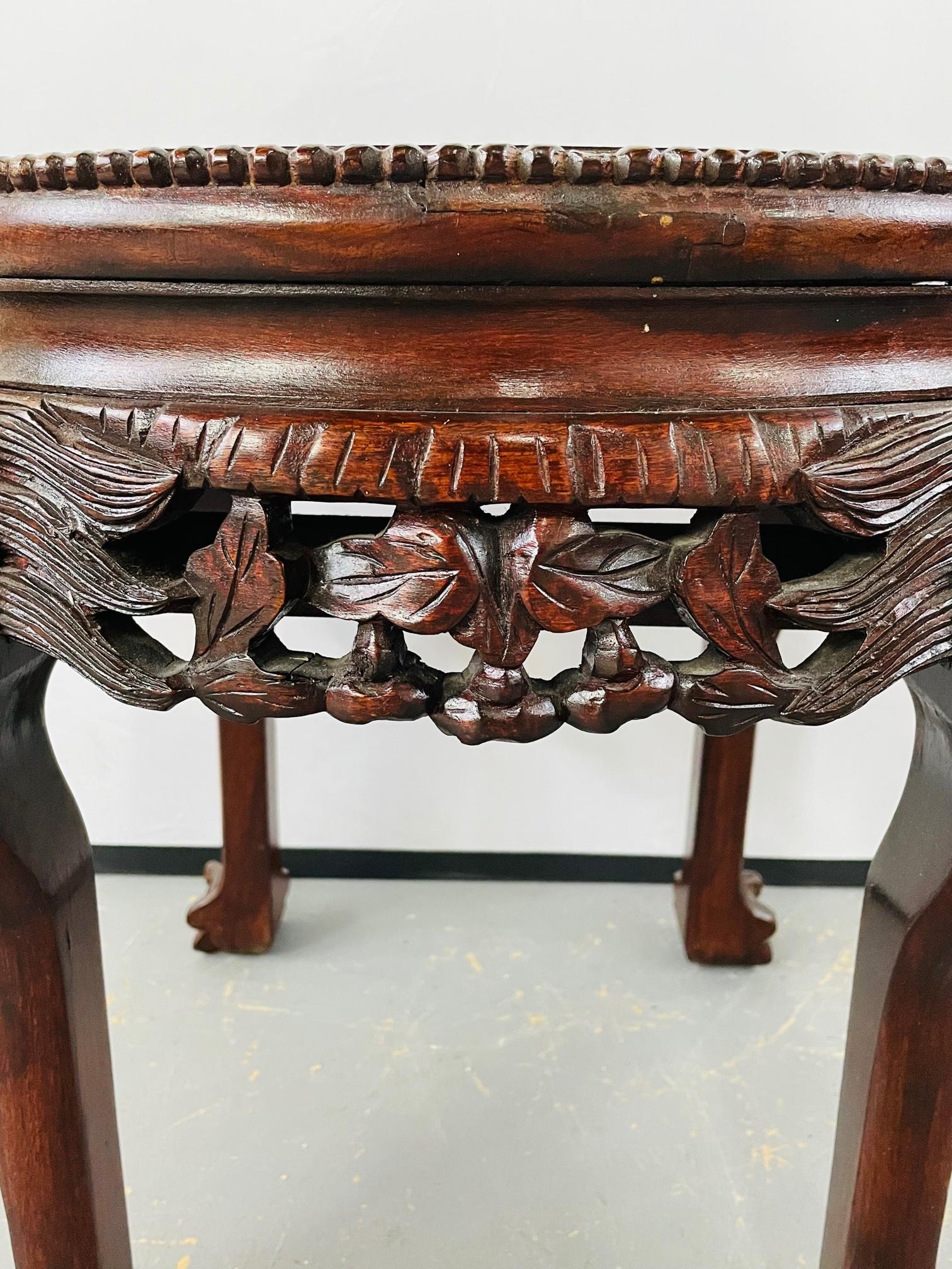19th Century Chinese Hand Carved Hardwood Round Pink Marble Top End Table 4