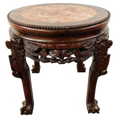 19th Century Chinese Hand Carved Hardwood Round Pink Marble Top End Table