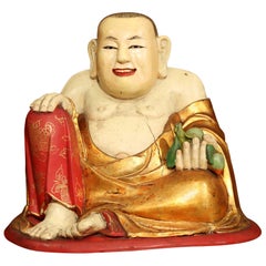 19th Century Chinese Hand Carved Painted Polychrome "Laughing Buddha" Sculpture