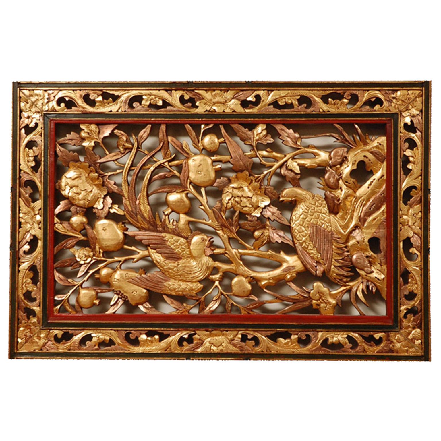 19th Century Chinese Hand-Carved Wedding Panel in Red Lacquer and Gold Leaf In Good Condition For Sale In Los Angeles, CA