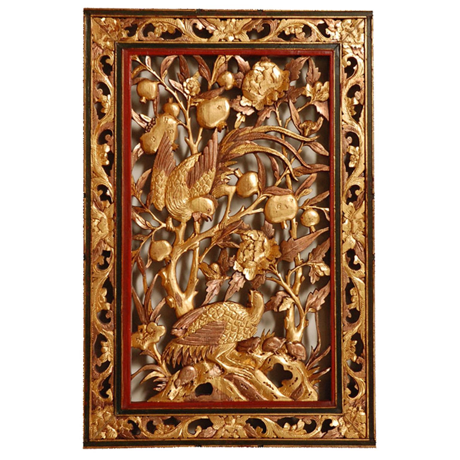 Fruitwood 19th Century Chinese Hand-Carved Wedding Panel in Red Lacquer and Gold Leaf For Sale