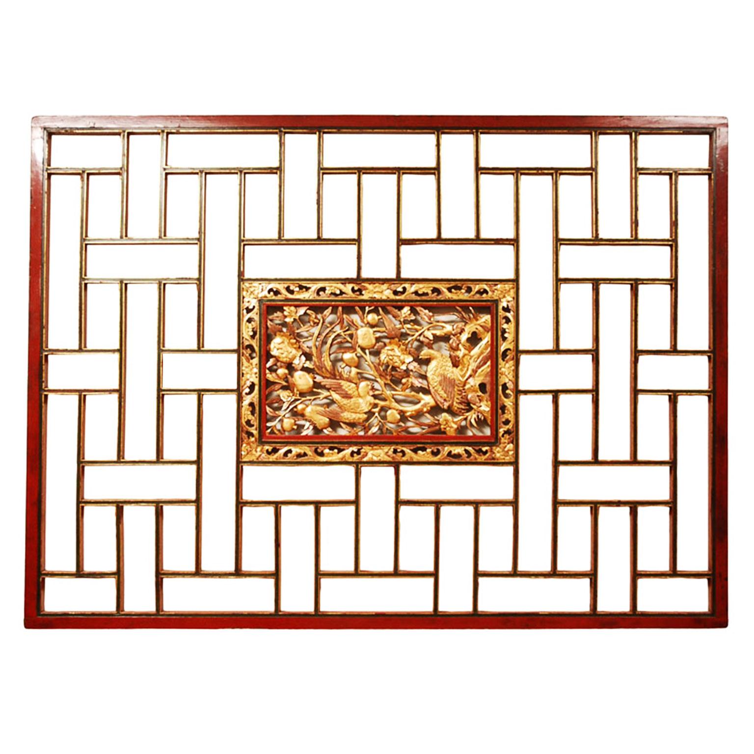 19th Century Chinese Hand-Carved Wedding Panel in Red Lacquer and Gold Leaf For Sale