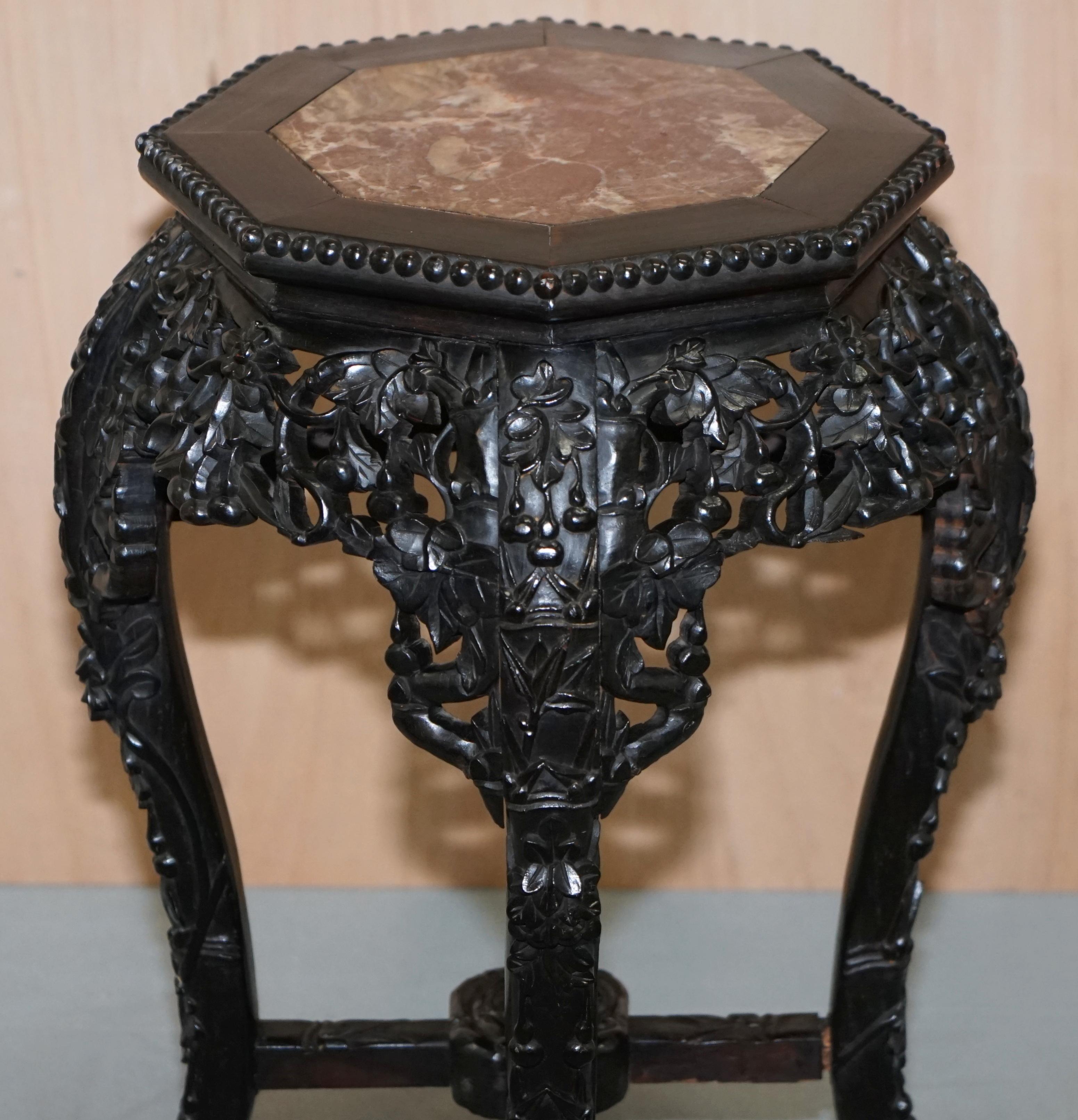 Chinese Export 19th Century Chinese Hand Carved Wood, Marble Topped Ebonised Stand Jardinière