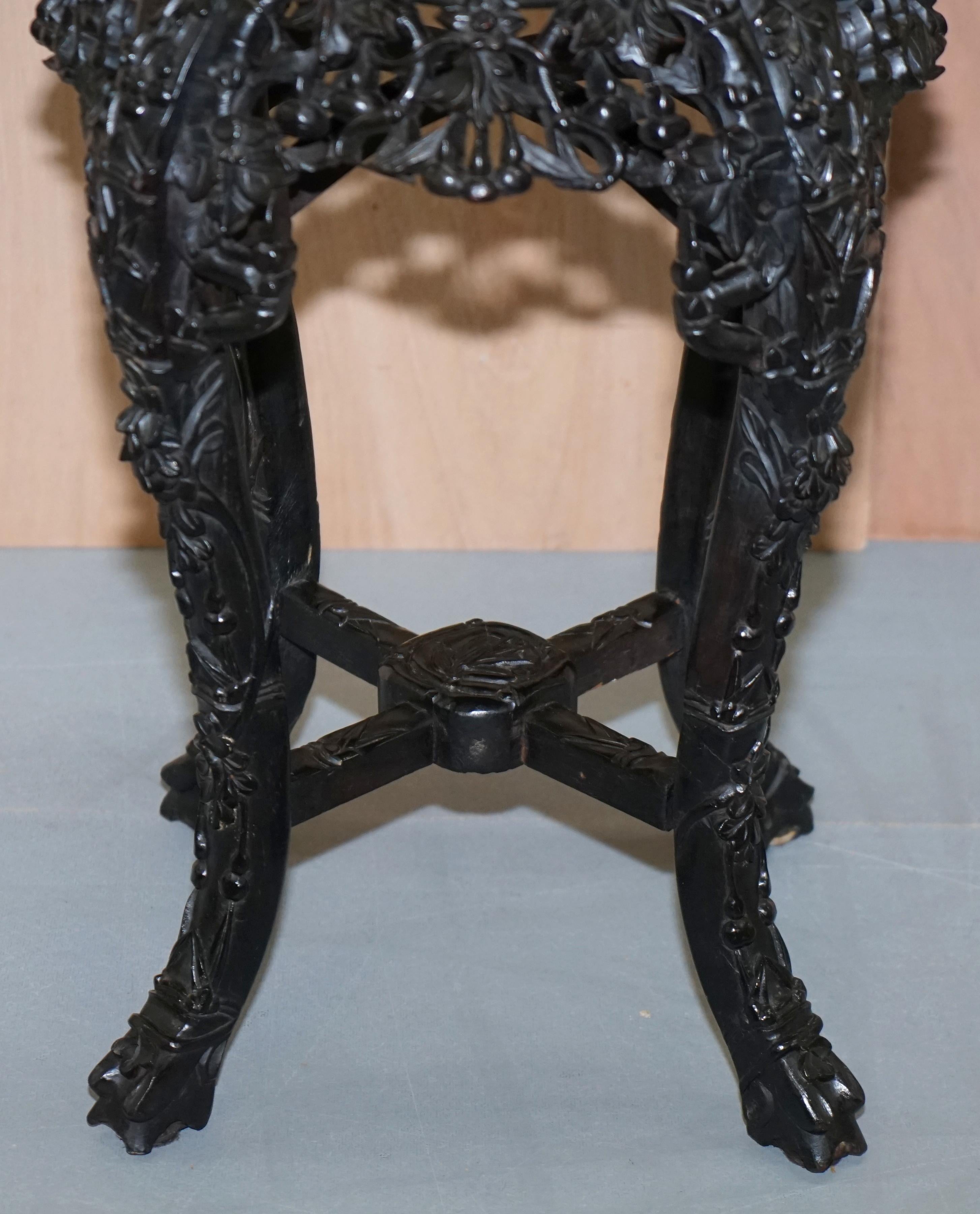 19th Century Chinese Hand Carved Wood, Marble Topped Ebonised Stand Jardinière 1
