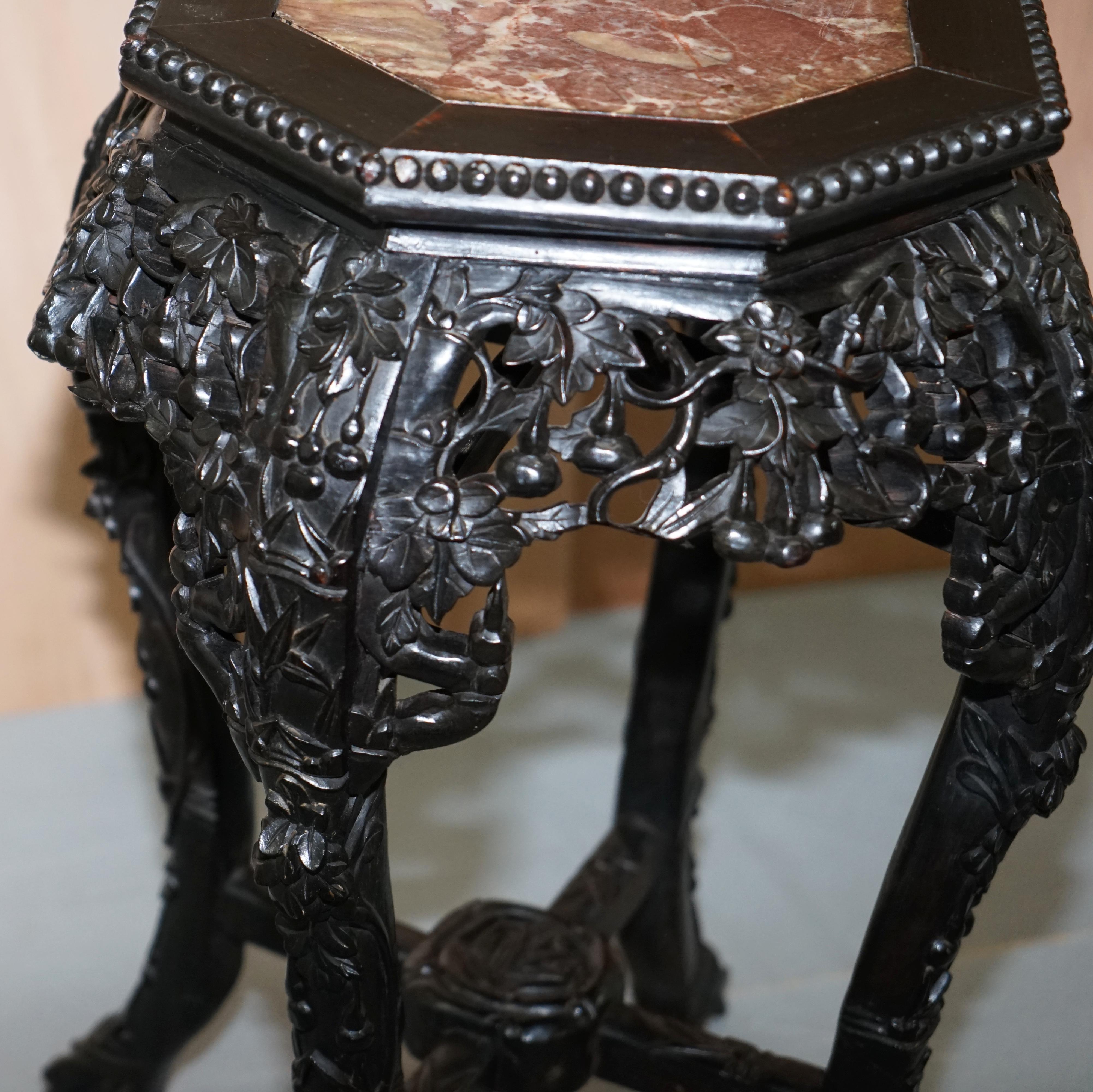 19th Century Chinese Hand Carved Wood, Marble Topped Ebonised Stand Jardinière 2