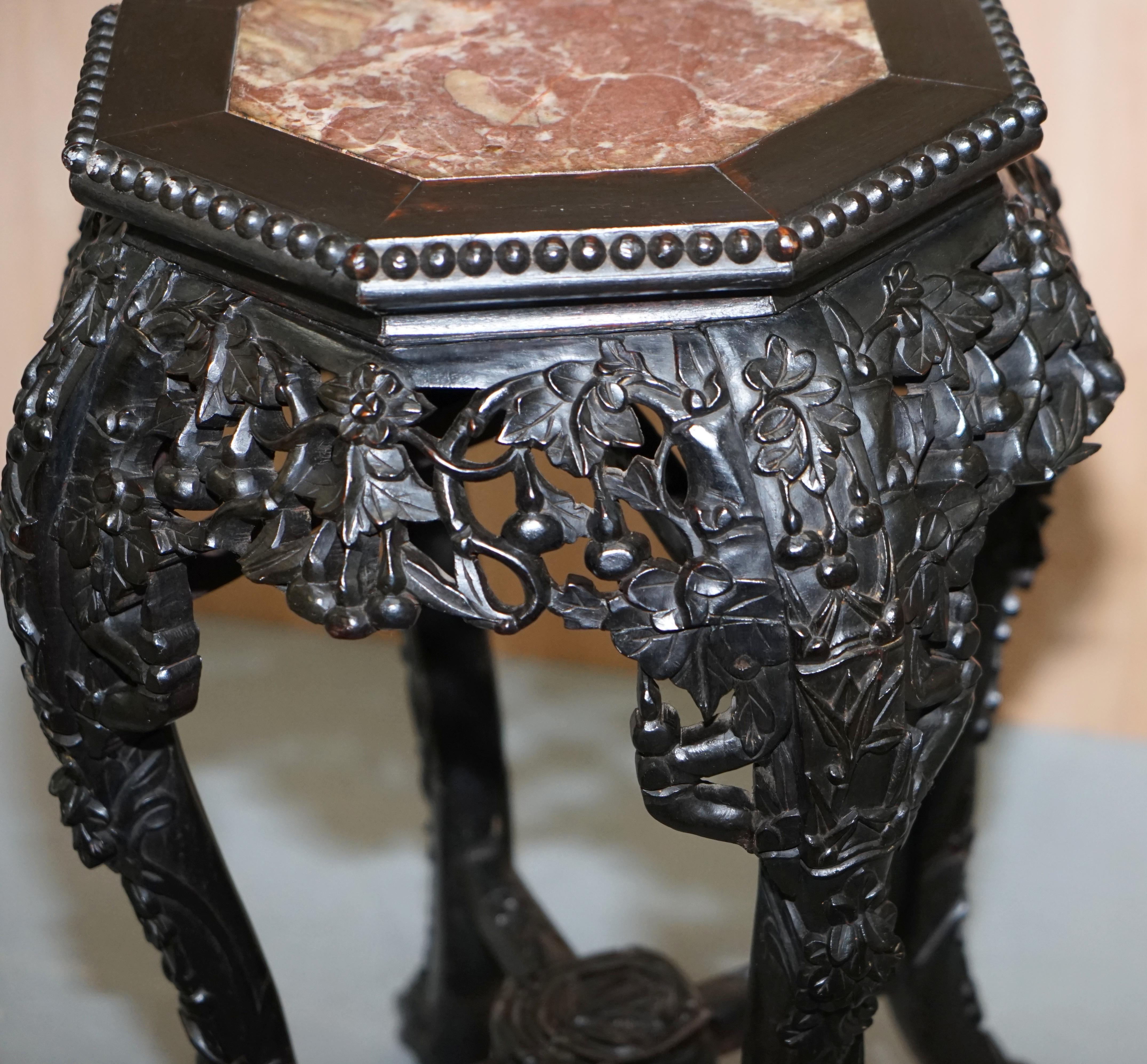19th Century Chinese Hand Carved Wood, Marble Topped Ebonised Stand Jardinière 3