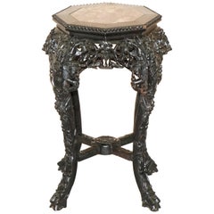 19th Century Chinese Hand Carved Wood, Marble Topped Ebonised Stand Jardinière