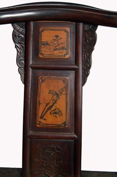 19th Century Chinese Hand-Carved Yumu Wood Armchair with Painted Scenes