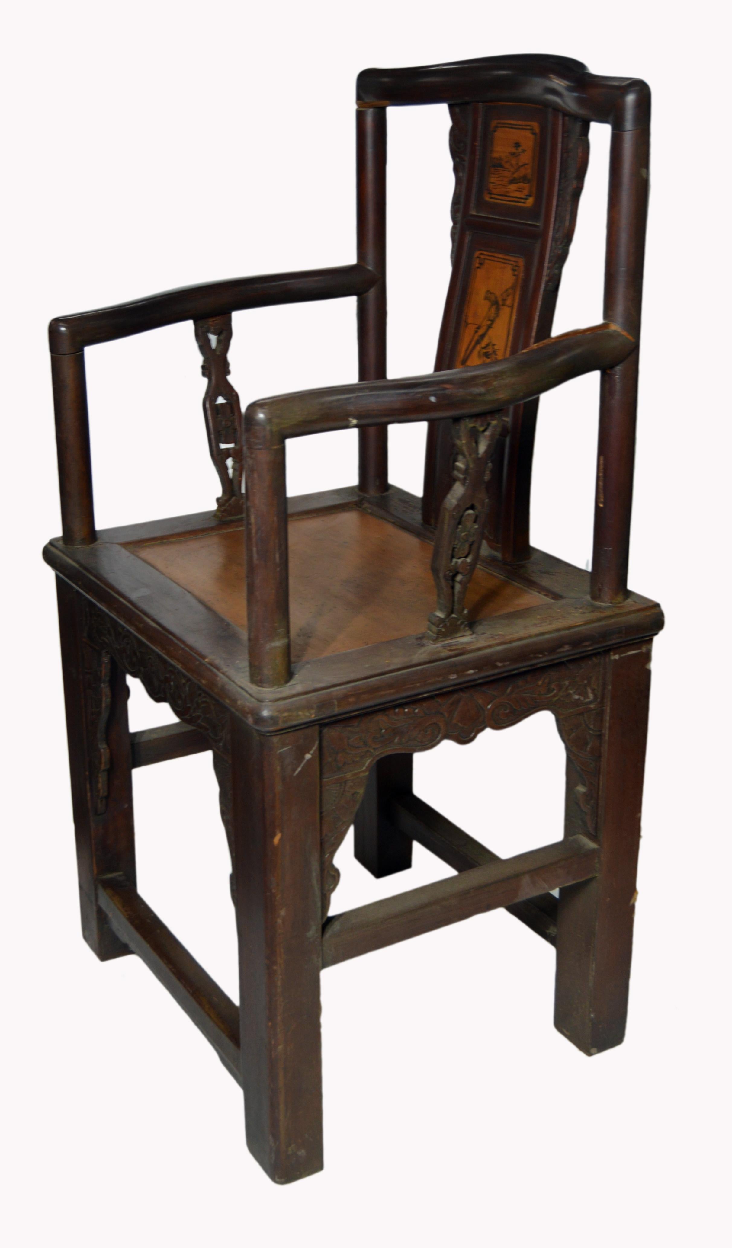 19th Century Chinese Hand-Carved Yumu Wood Armchair with Painted Scenes For Sale 1