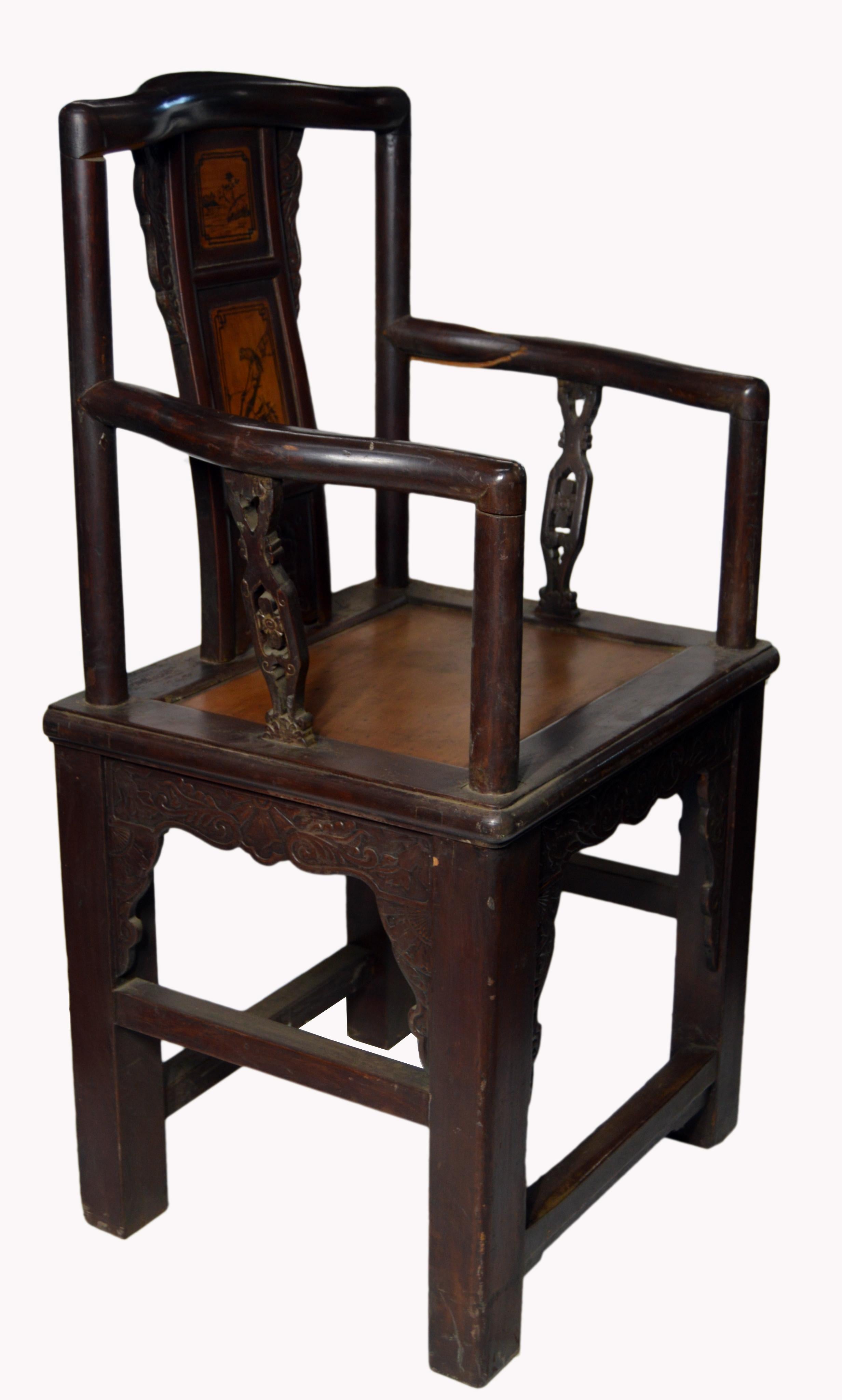 19th Century Chinese Hand-Carved Yumu Wood Armchair with Painted Scenes For Sale 3