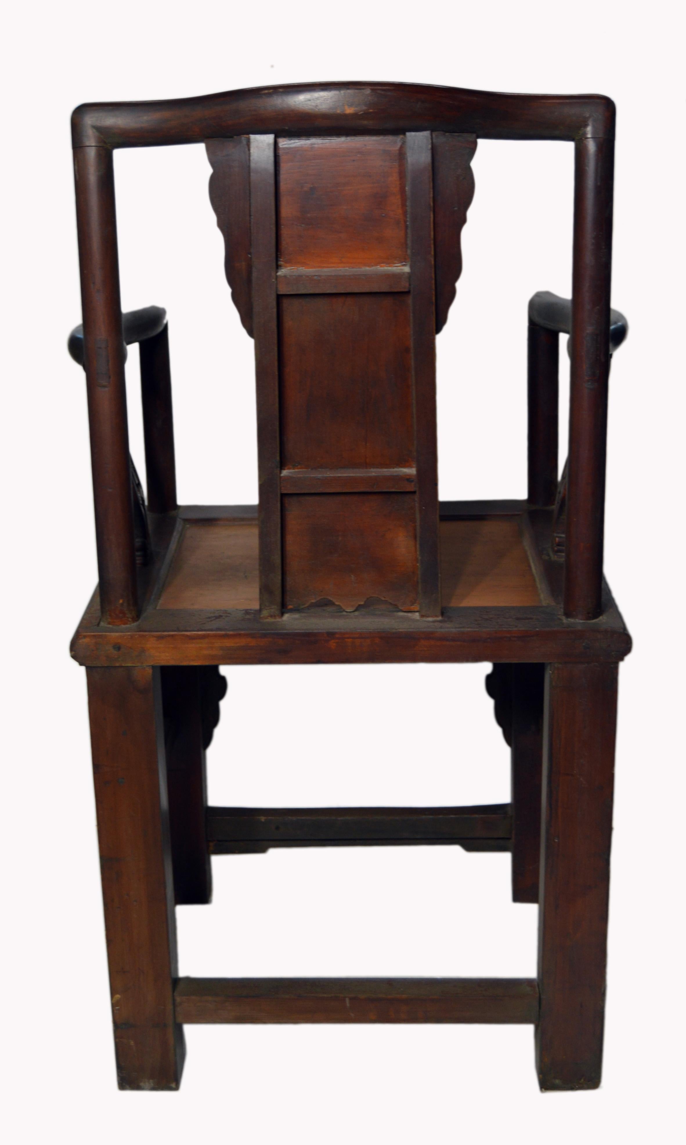 19th Century Chinese Hand-Carved Yumu Wood Armchair with Painted Scenes For Sale 4