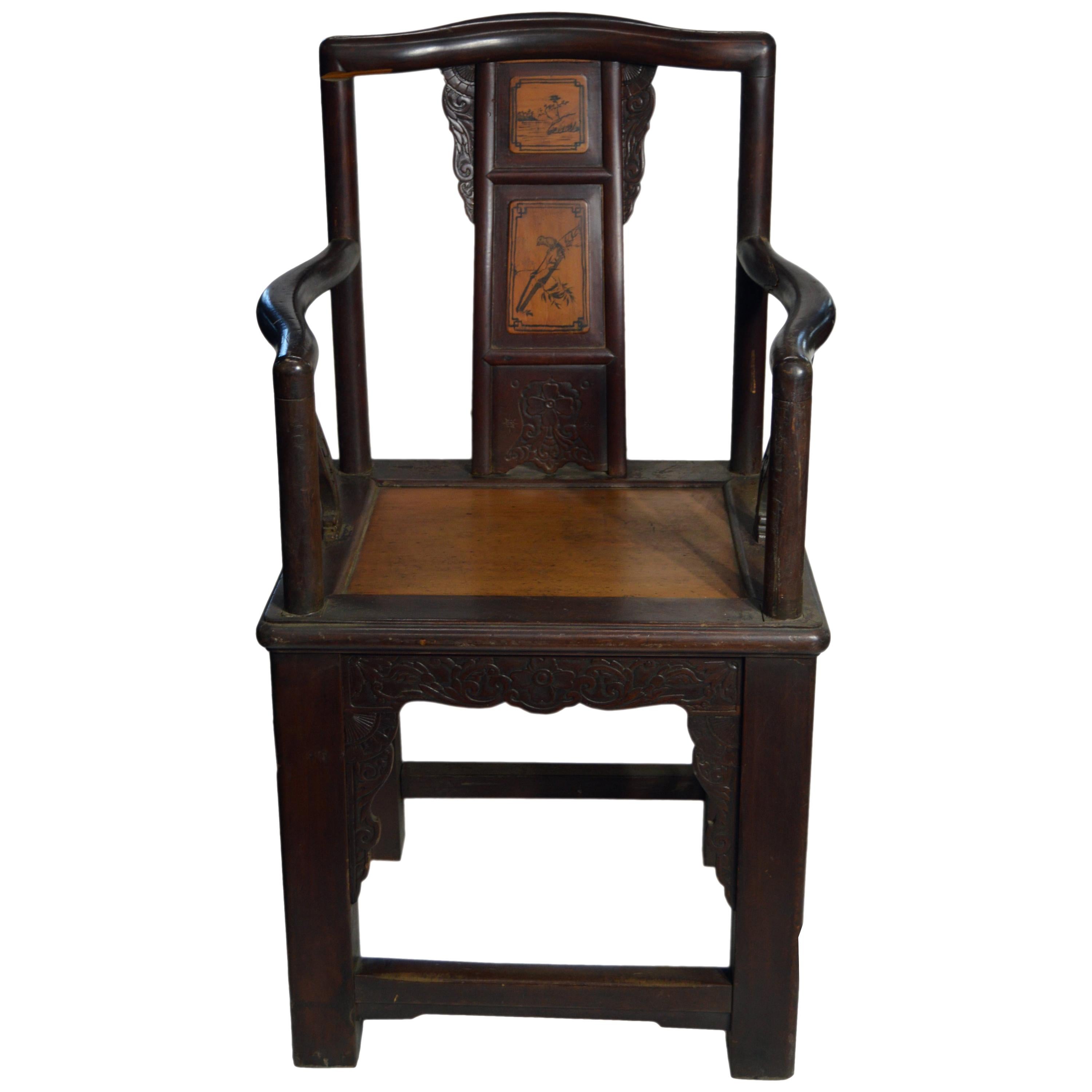 19th Century Chinese Hand-Carved Yumu Wood Armchair with Painted Scenes