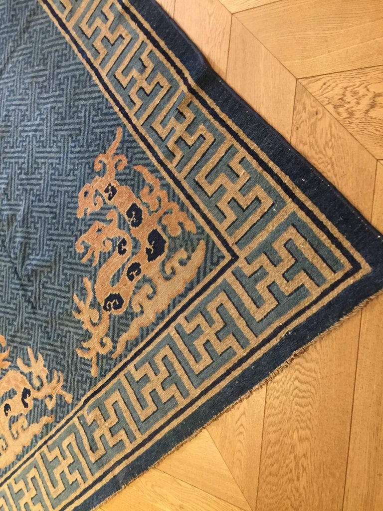 19th Century Chinese HandKnotted Rug Blu Beige with Stylized Spiritual