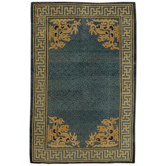 19th Century Chinese Hand-Knotted Rug Blu Beige with Stylized Spiritual Dragons