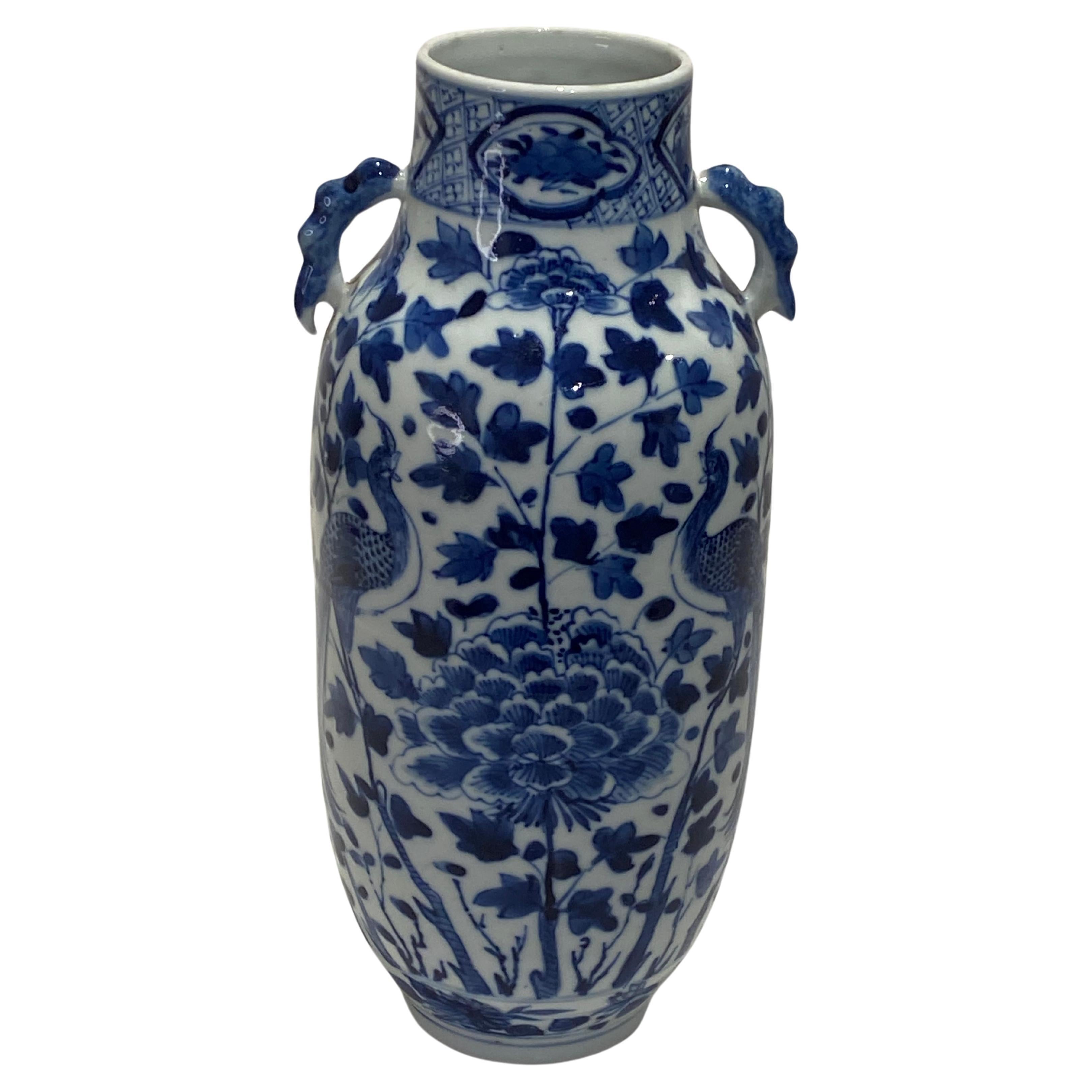 19th Century Chinese Hand Painted Blue & White Porcelain Vase For Sale