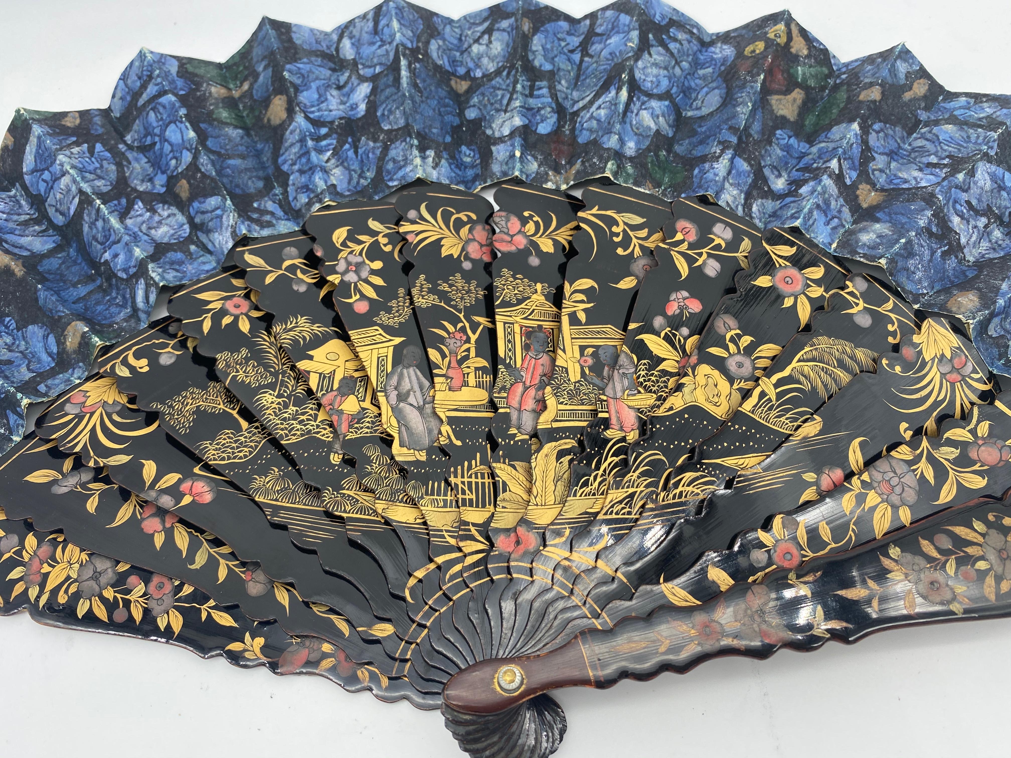 Qing 19th Century Chinese Hand Painted Lacquer Export Fan Even-Tail