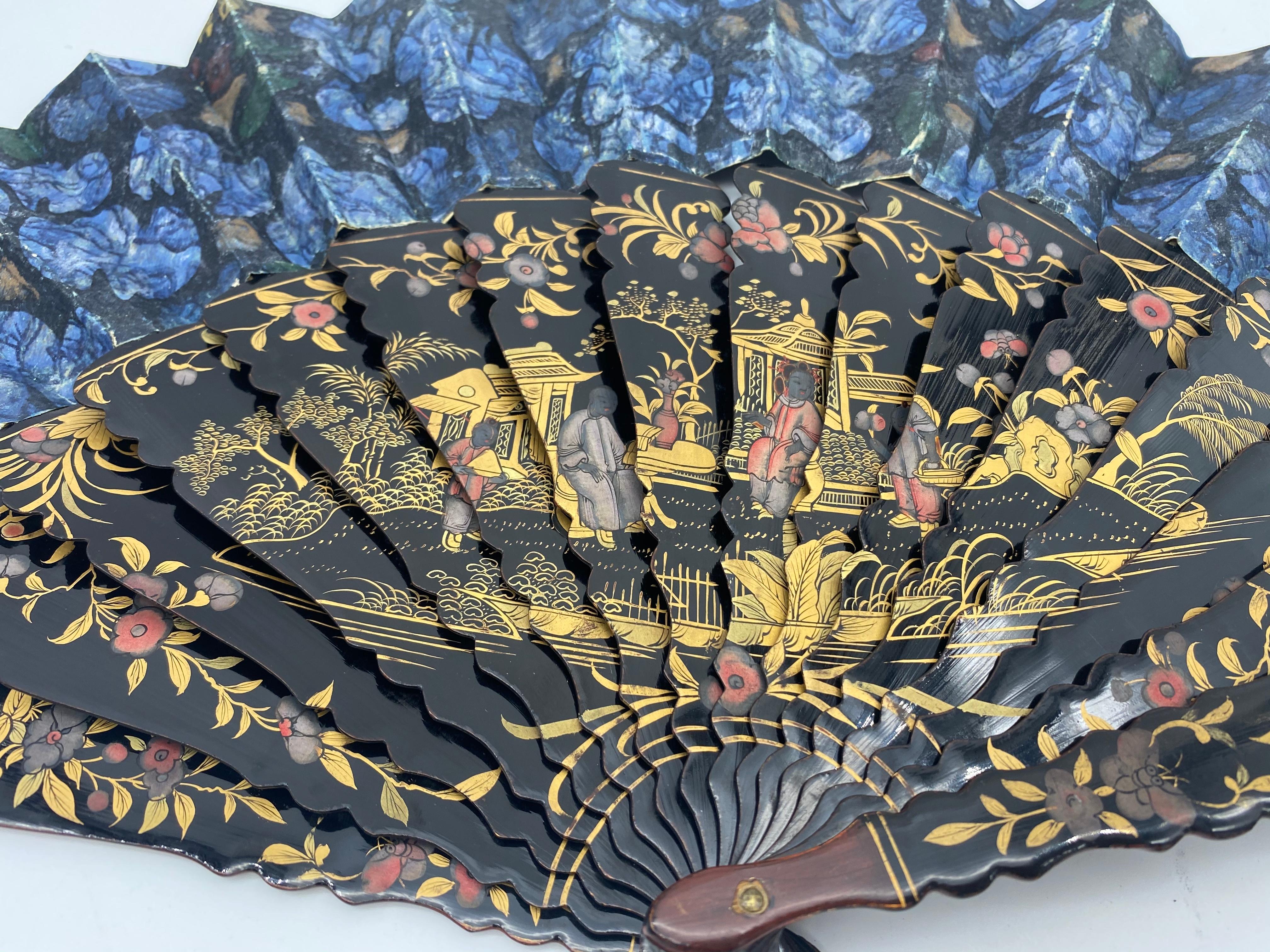 Lacquered 19th Century Chinese Hand Painted Lacquer Export Fan Even-Tail