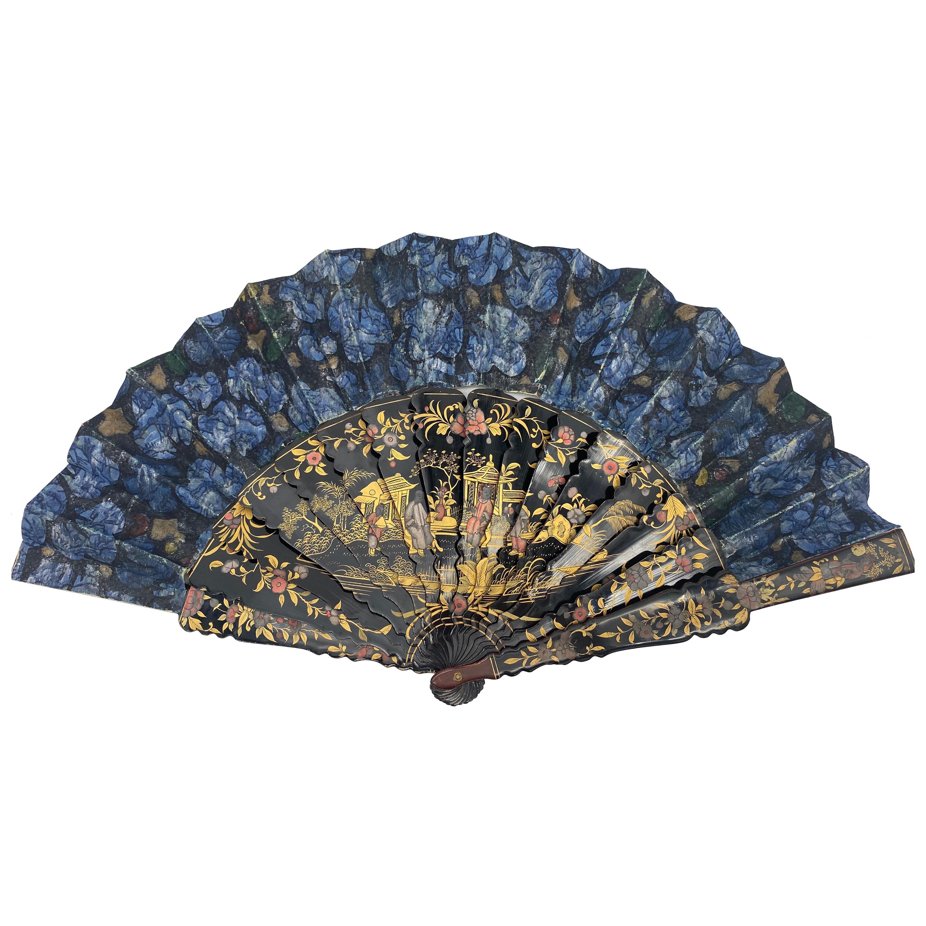 19th Century Chinese Hand Painted Lacquer Export Fan Even-Tail