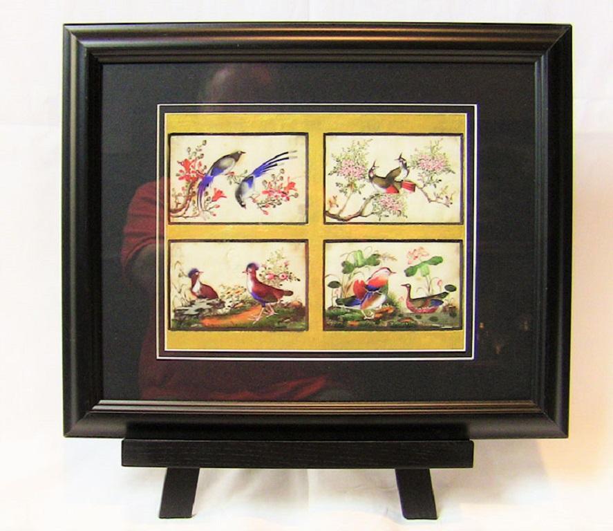 Chinese Export 19th Century, Chinese Hand-Painted Silk Collage of Exotic Birds For Sale