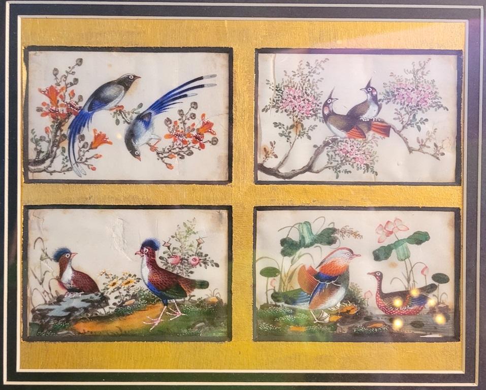 19th Century, Chinese Hand-Painted Silk Collage of Exotic Birds For Sale 1