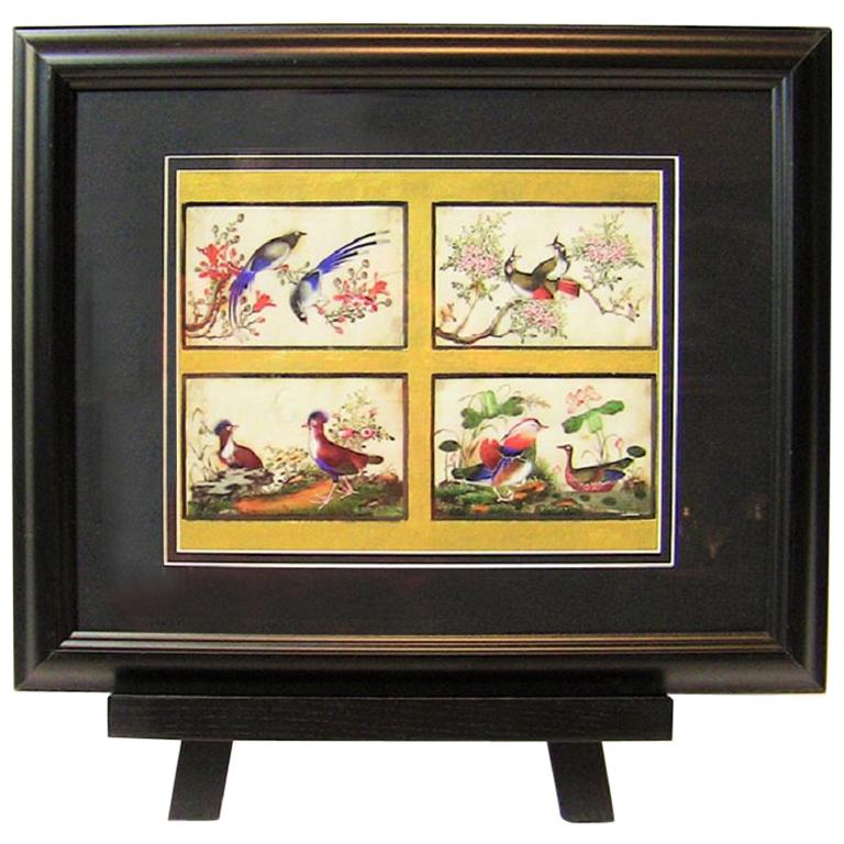 19th Century, Chinese Hand-Painted Silk Collage of Exotic Birds
