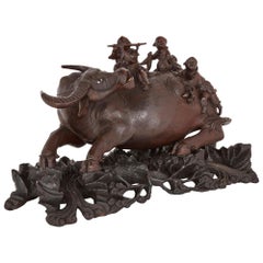 19th Century Chinese Hardwood Figural Group of Cow and Children