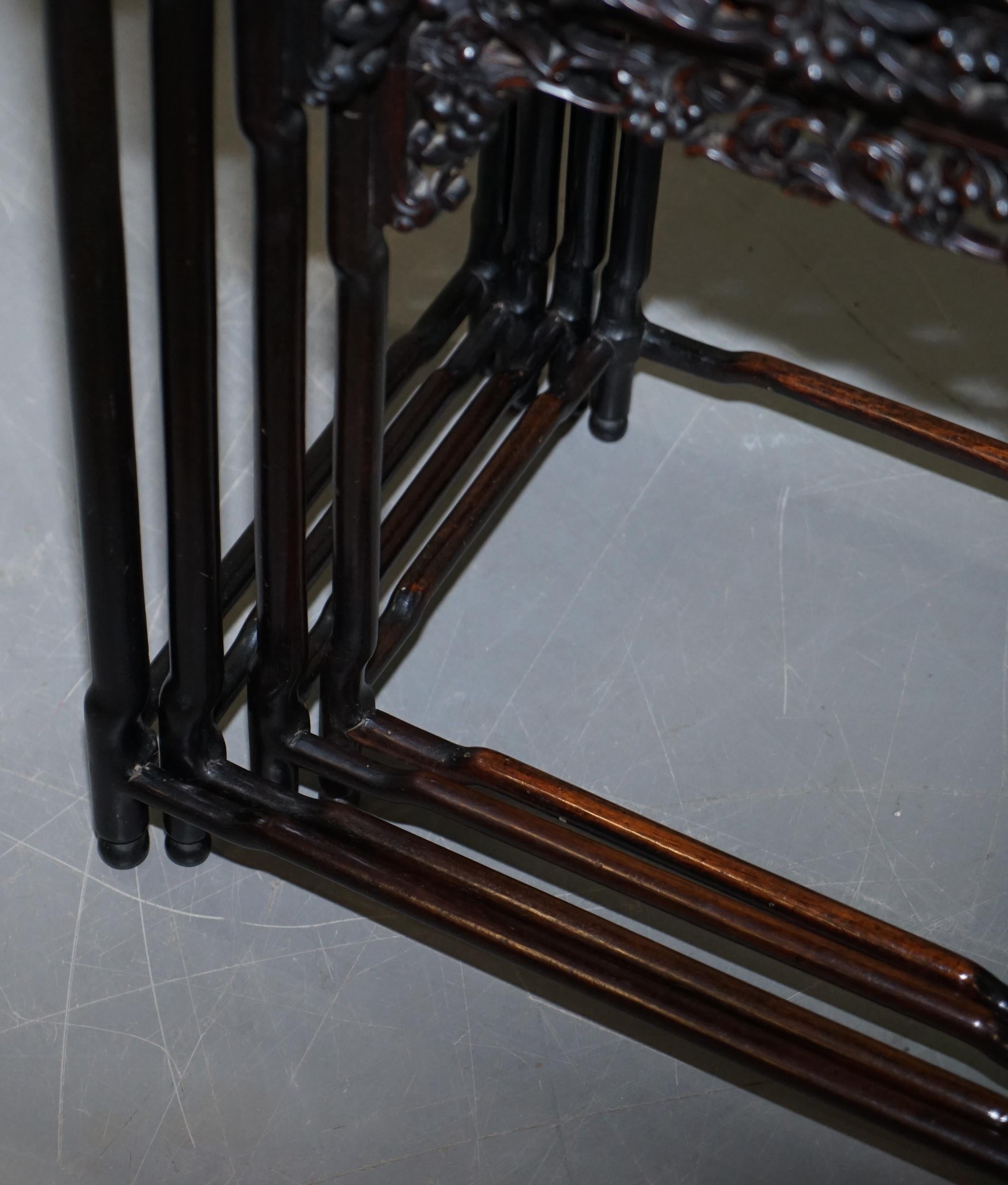 19th Century Chinese Hardwood Nest of Tables Heavily Fret Work Carved Floral 4