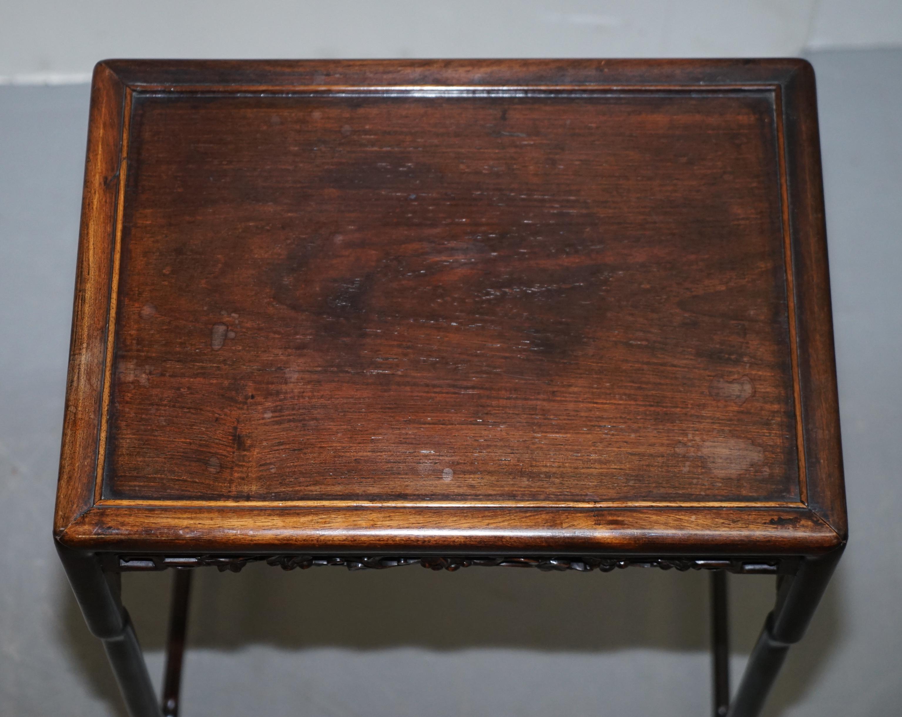 19th Century Chinese Hardwood Nest of Tables Heavily Fret Work Carved Floral 8