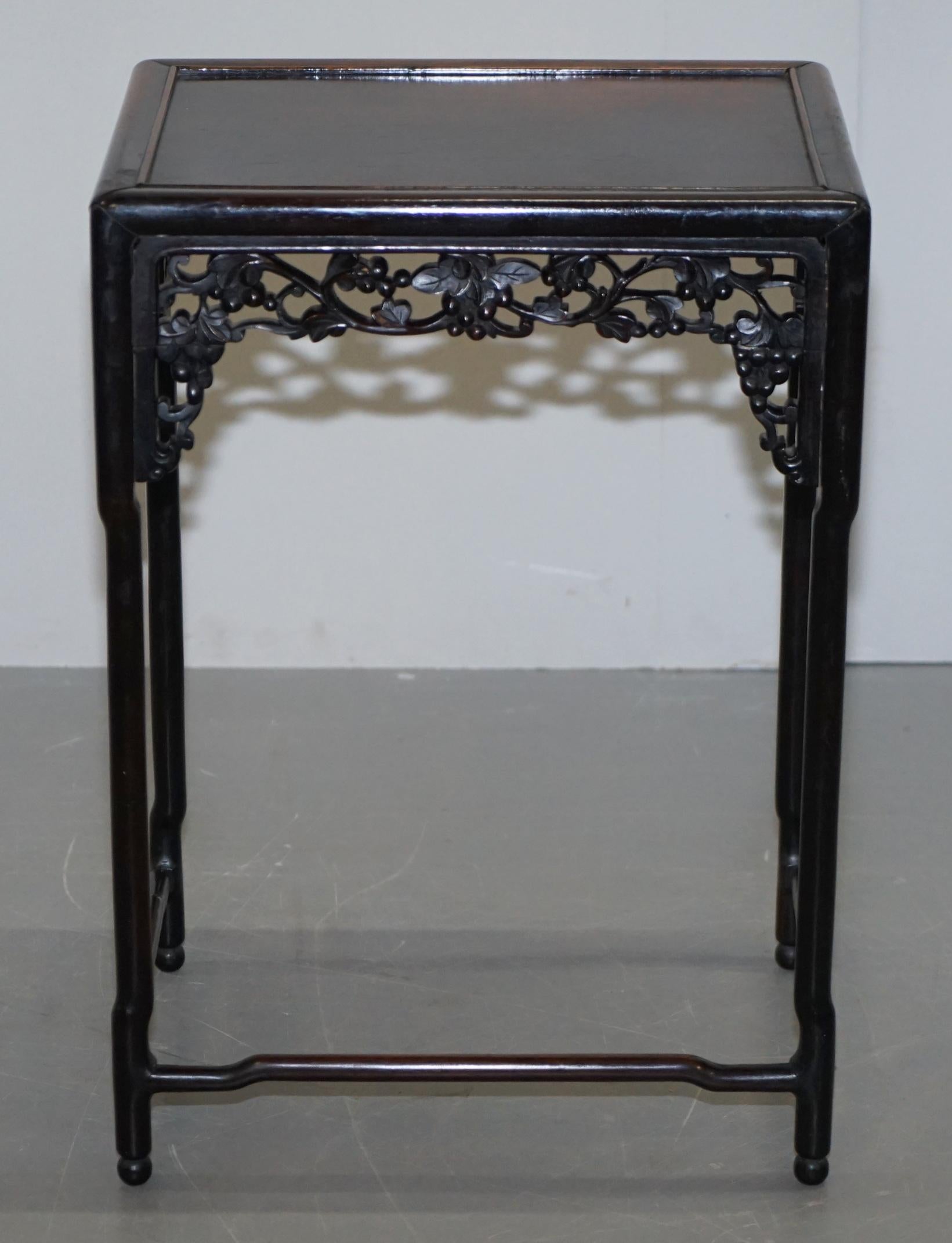 19th Century Chinese Hardwood Nest of Tables Heavily Fret Work Carved Floral 9