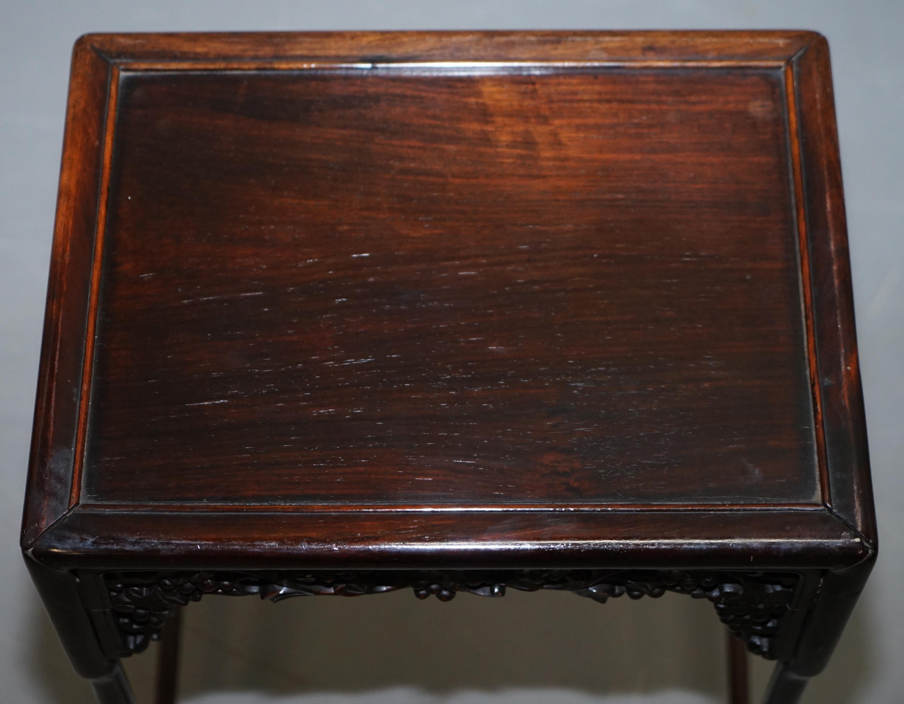 19th Century Chinese Hardwood Nest of Tables Heavily Fret Work Carved Floral 11