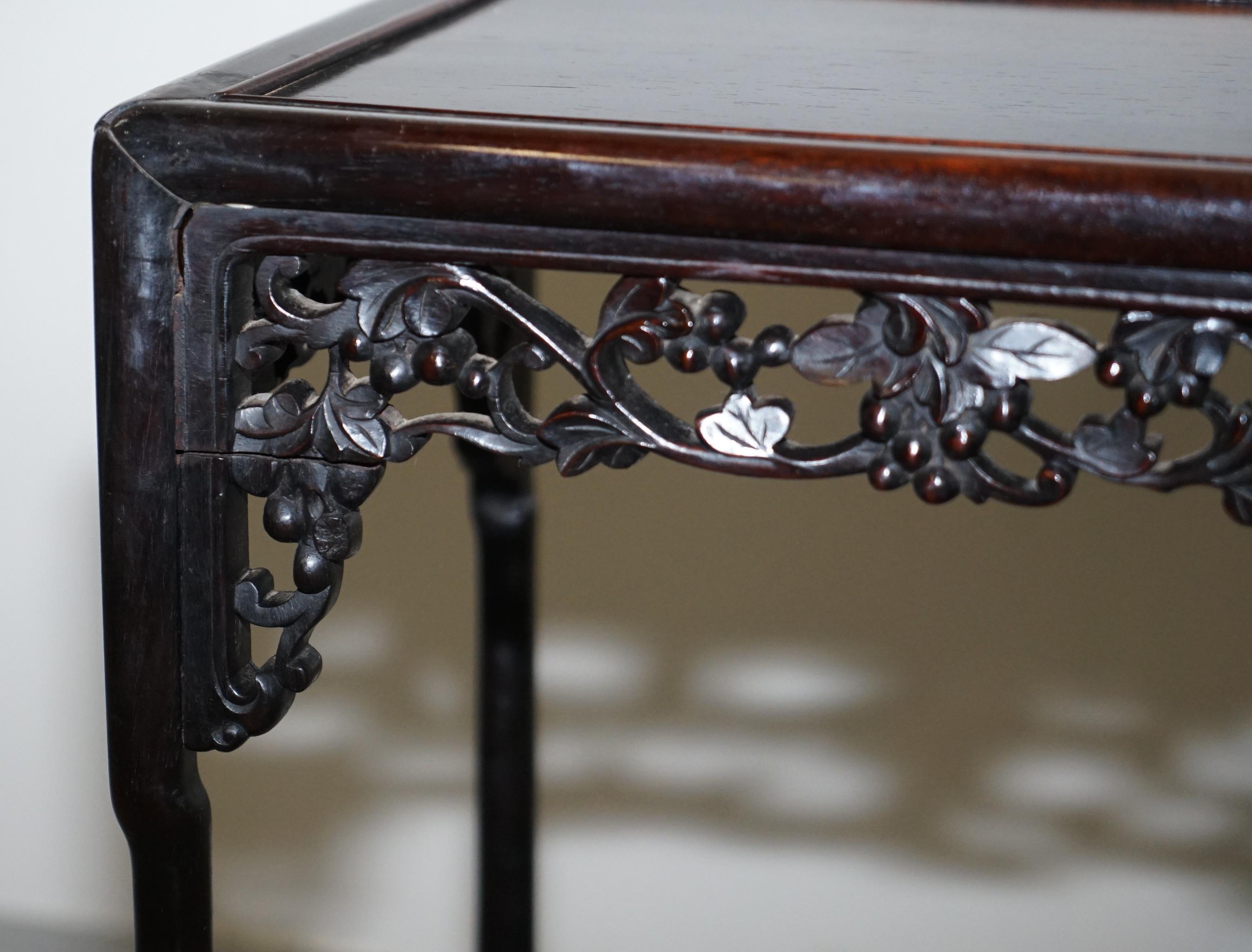 19th Century Chinese Hardwood Nest of Tables Heavily Fret Work Carved Floral 12