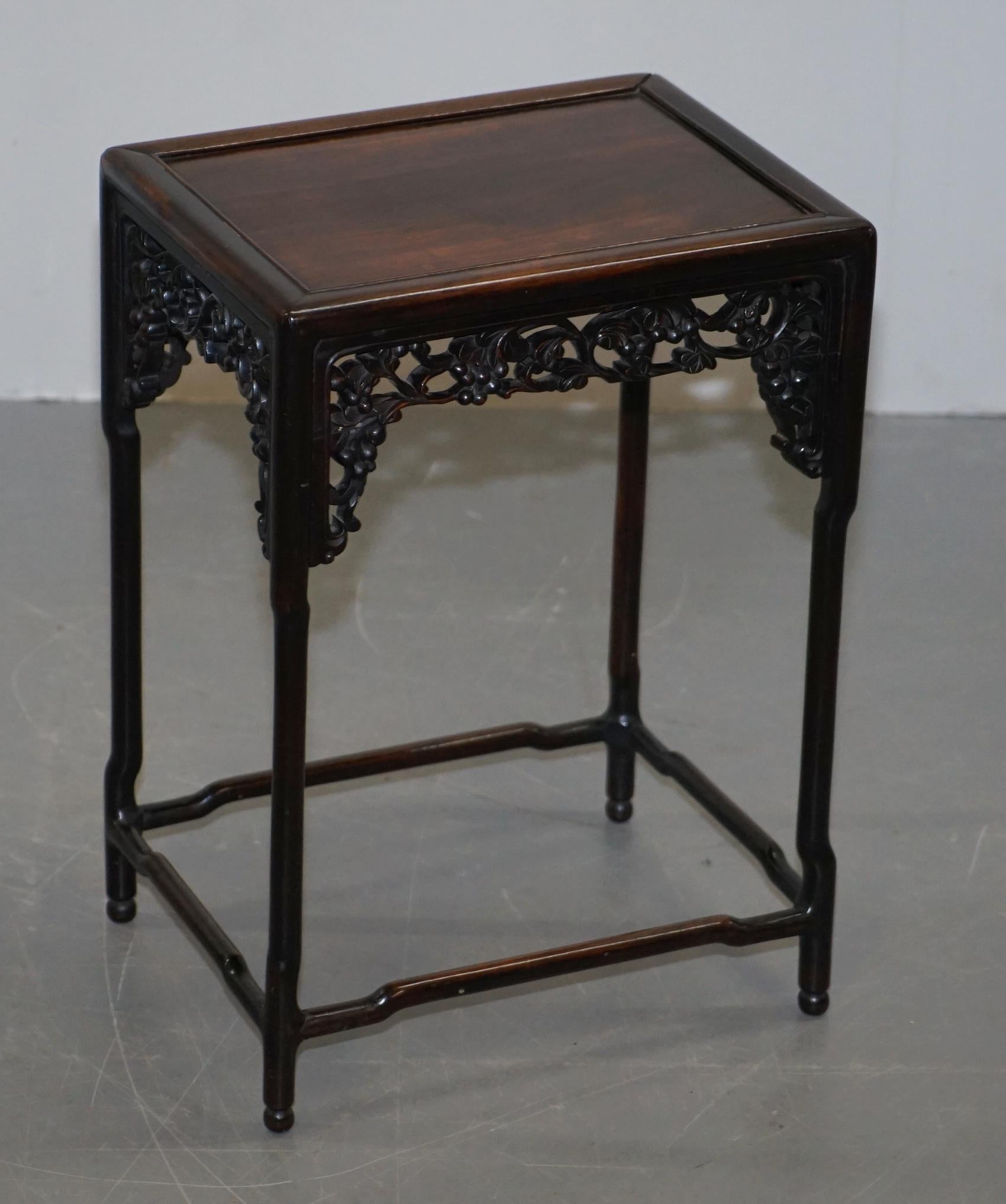 19th Century Chinese Hardwood Nest of Tables Heavily Fret Work Carved Floral 13