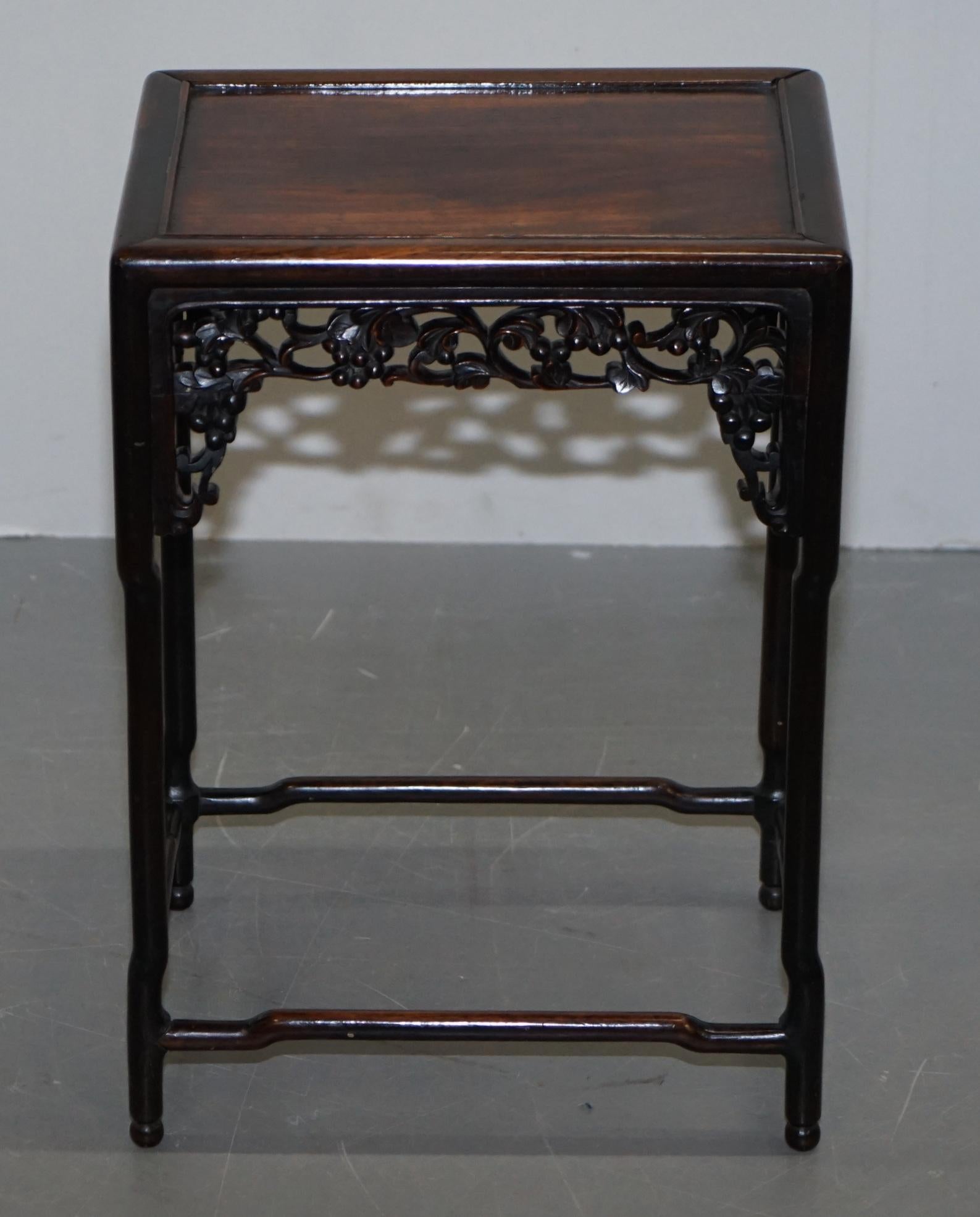 19th Century Chinese Hardwood Nest of Tables Heavily Fret Work Carved Floral 14