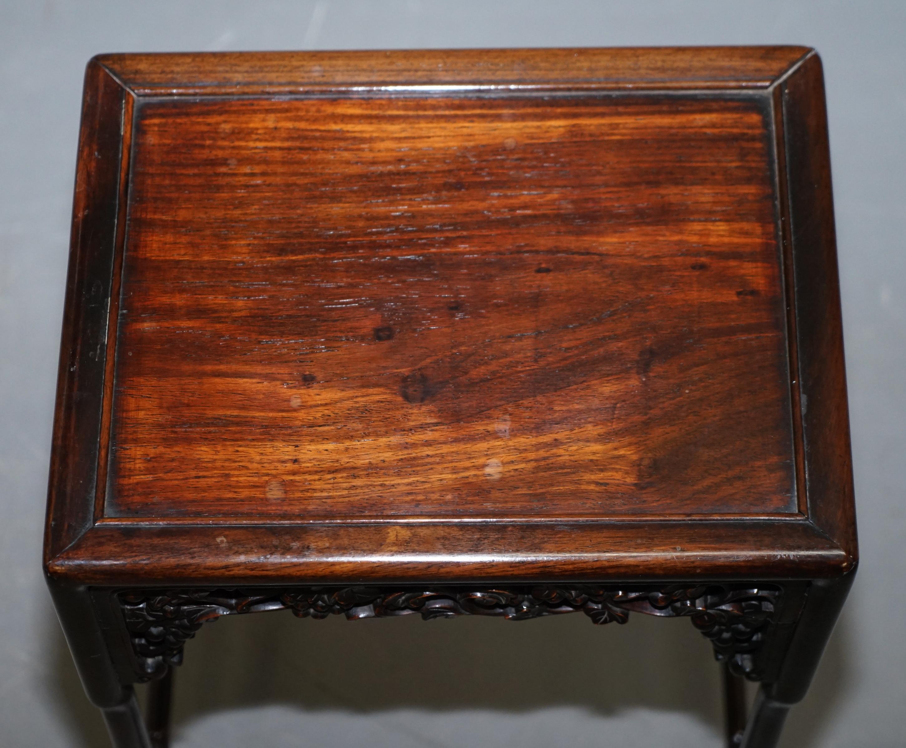 19th Century Chinese Hardwood Nest of Tables Heavily Fret Work Carved Floral 15