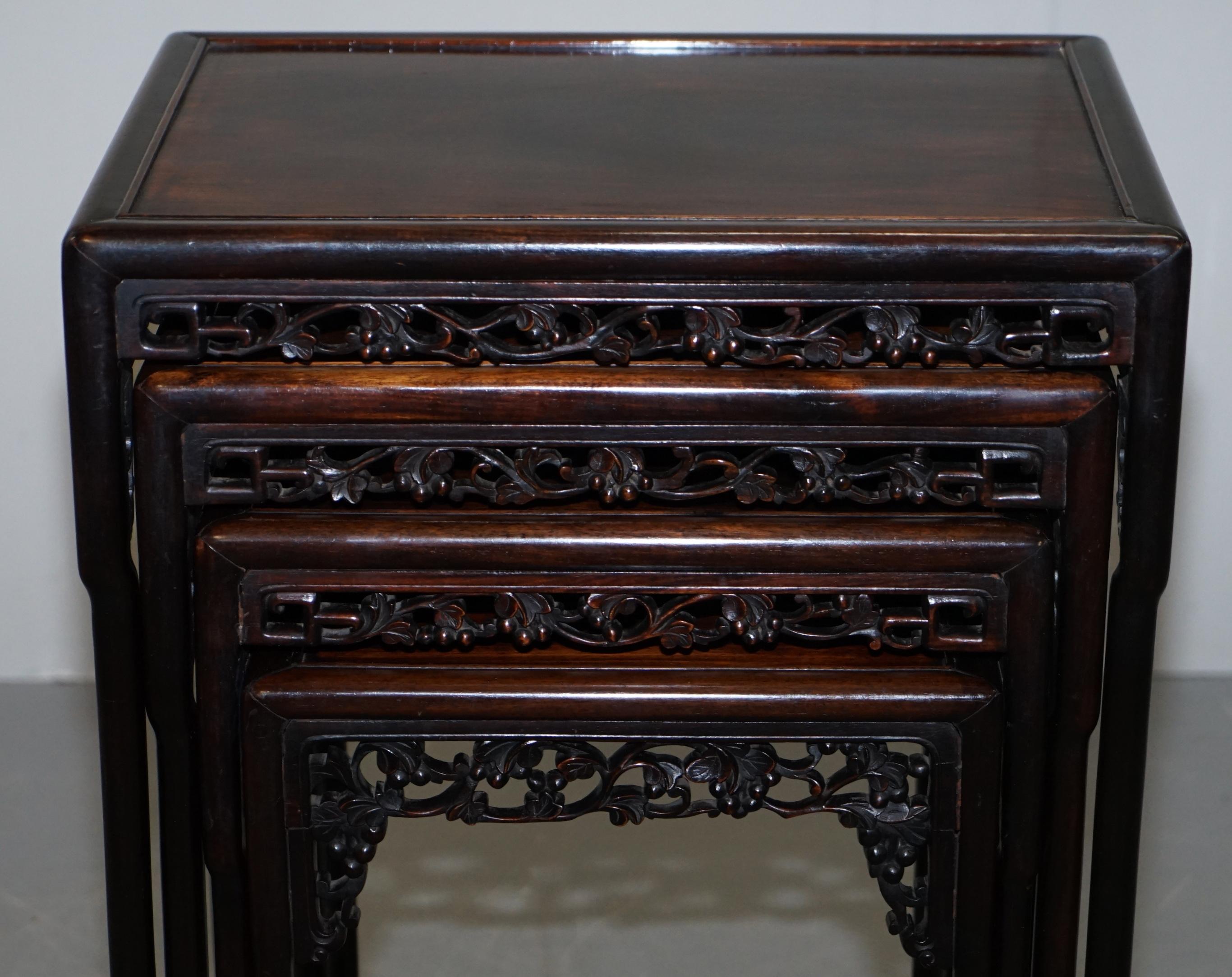 Hand-Crafted 19th Century Chinese Hardwood Nest of Tables Heavily Fret Work Carved Floral